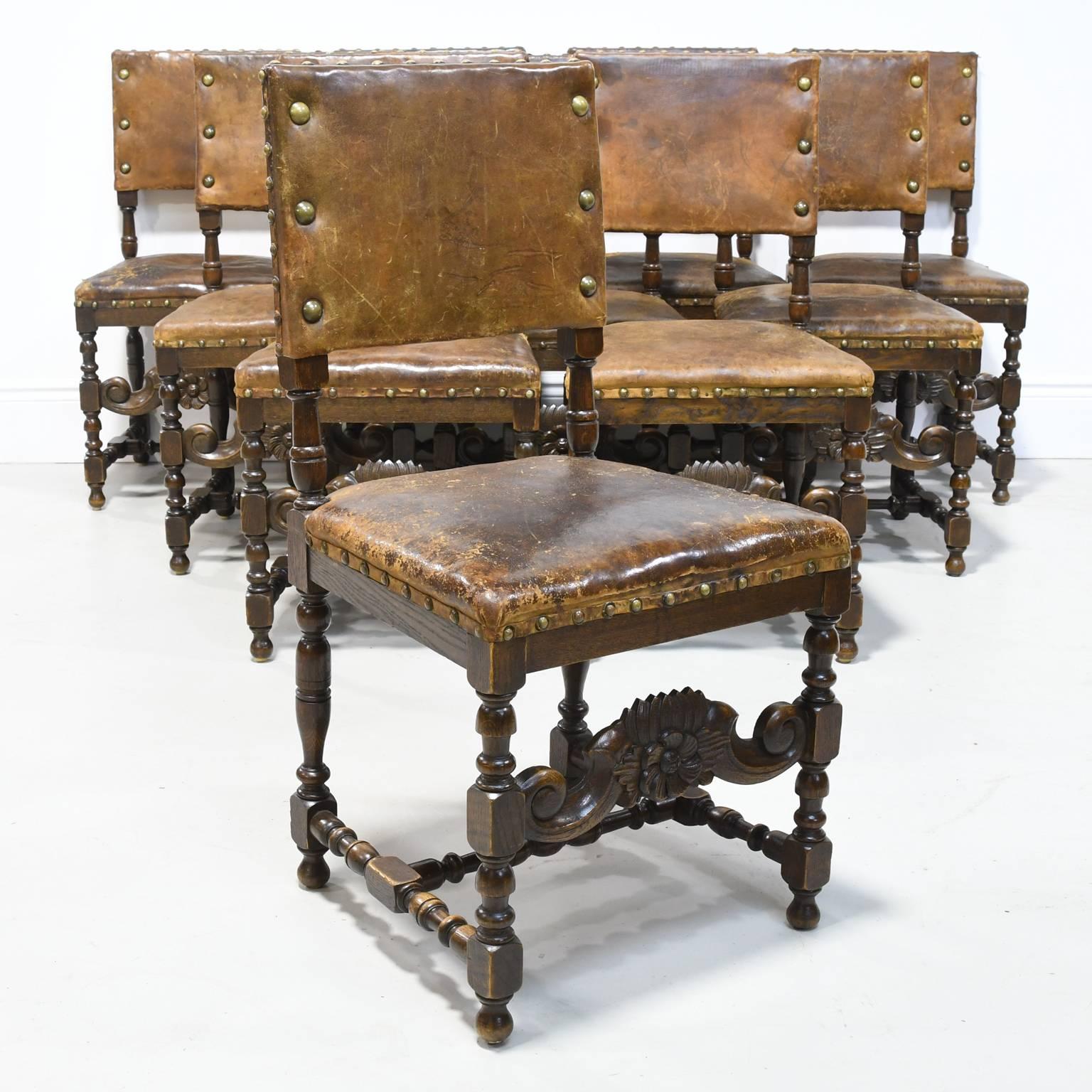 Set of 10 Italian 19th Century Renaissance Revival Chairs in Walnut with Leather 3
