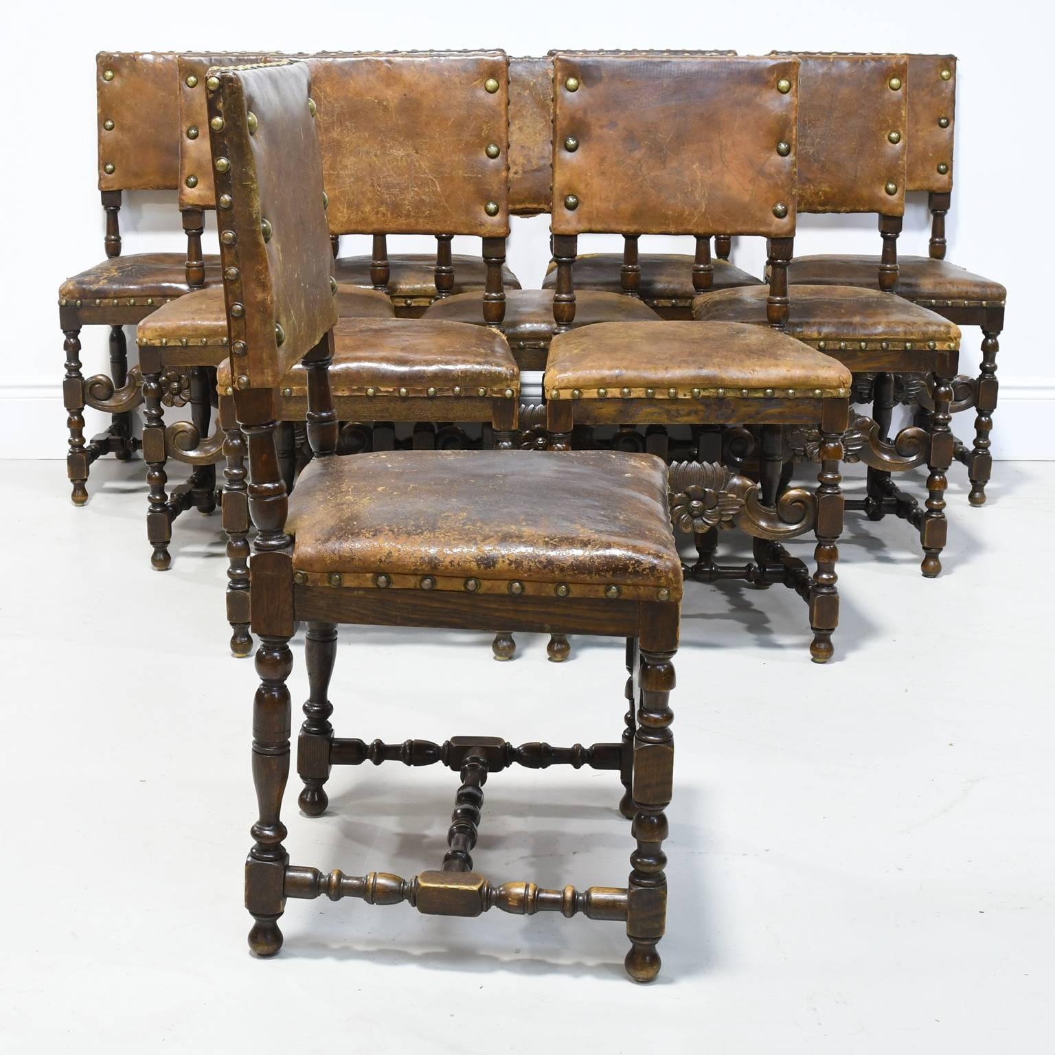 Set of 10 Italian 19th Century Renaissance Revival Chairs in Walnut with Leather 4