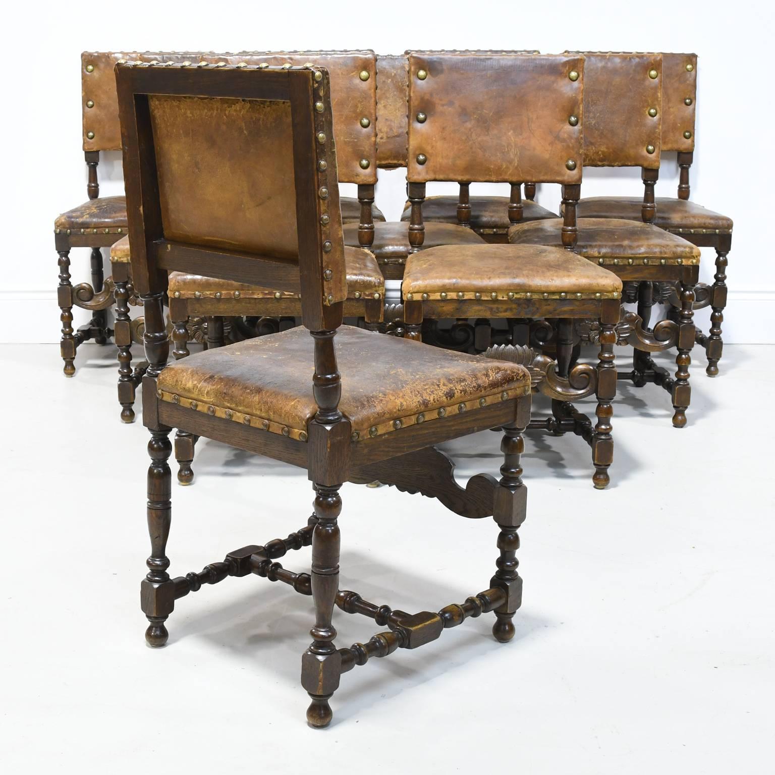 Set of 10 Italian 19th Century Renaissance Revival Chairs in Walnut with Leather 5