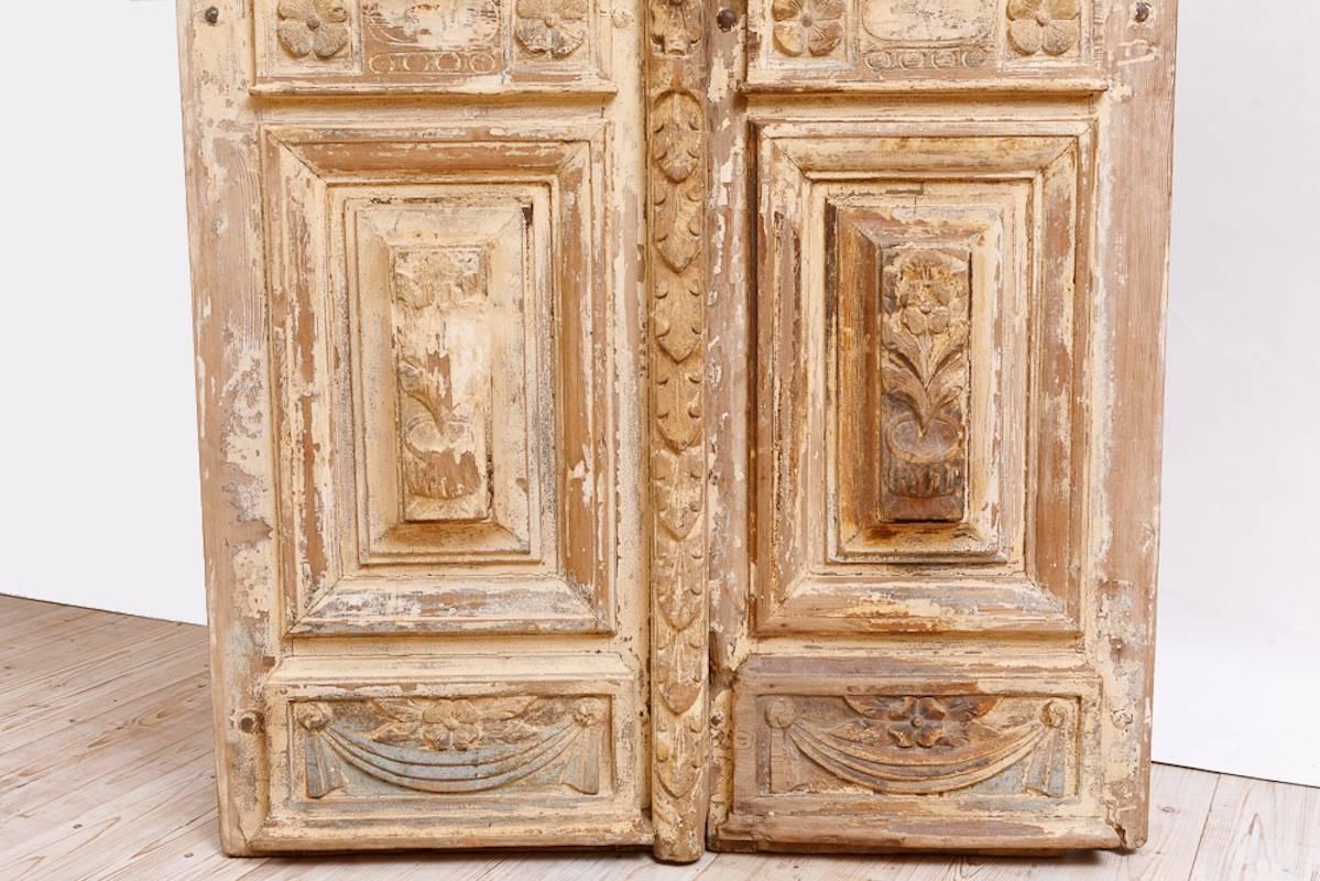 Hand-Painted Distressed French Belle Epoque Wooden Doors in Original Paint, circa 1880