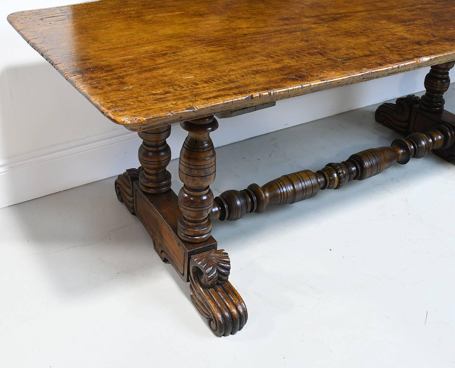 Philippine 19th Century Spanish Colonial Rustic Dining Table with Carved Trestle Base