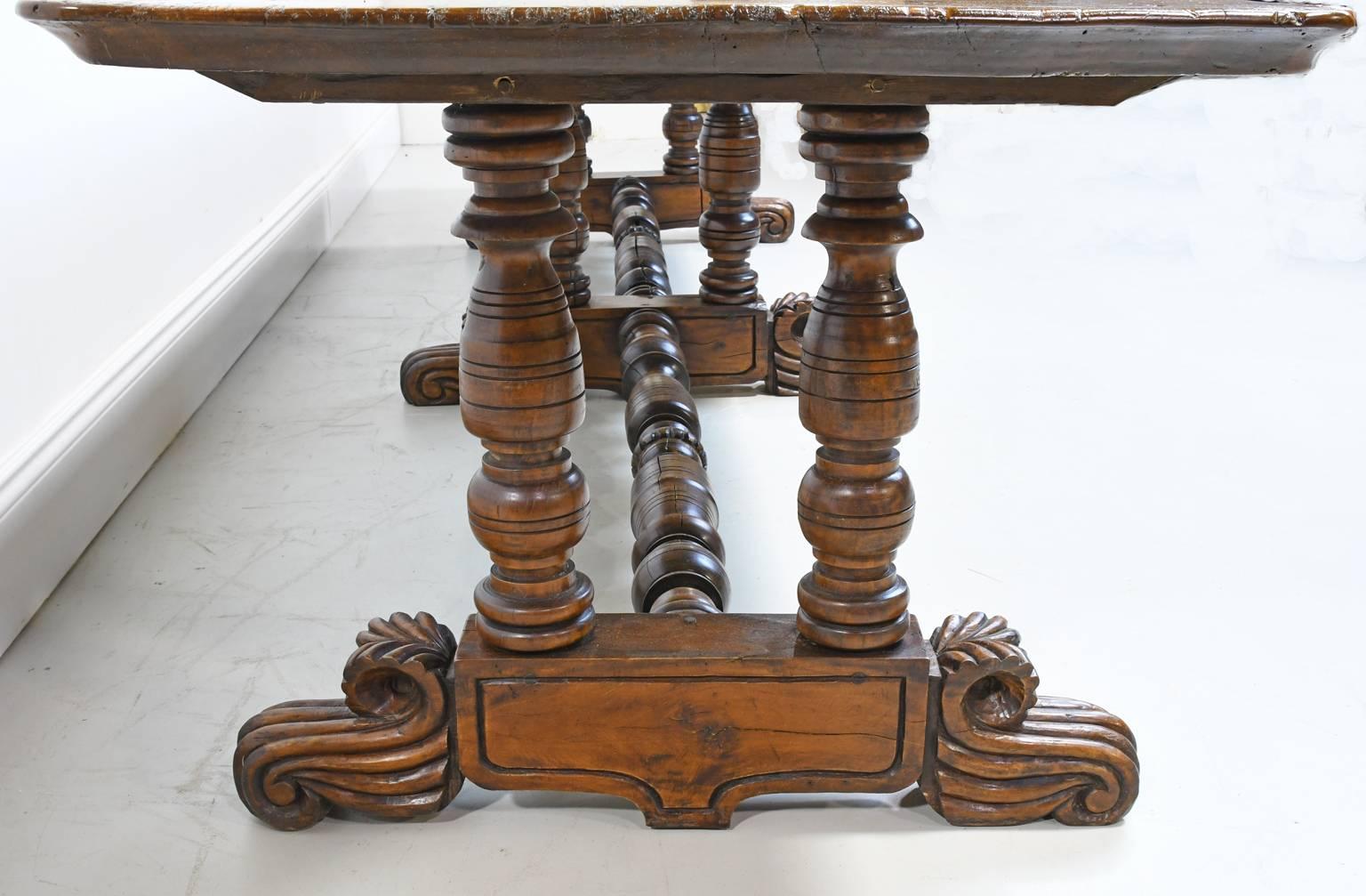 Hand-Carved 19th Century Spanish Colonial Rustic Dining Table with Carved Trestle Base
