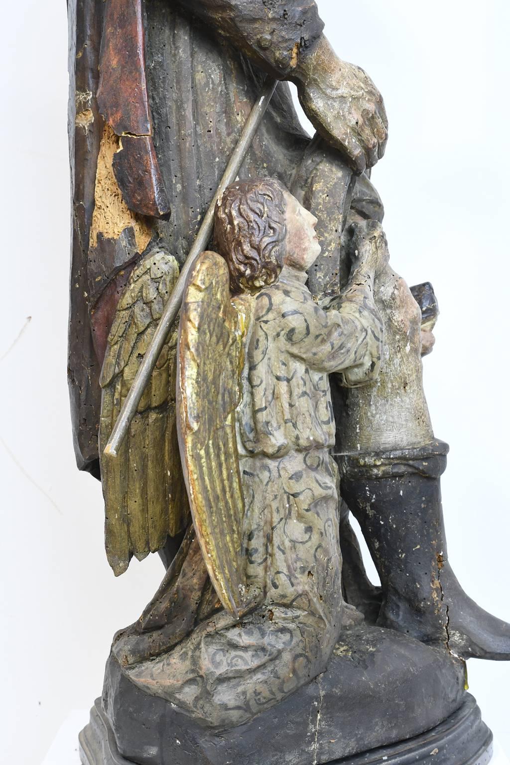 Early 18th Century Carved Polychromed Statue of Saint Roch with Dog and Angel 1