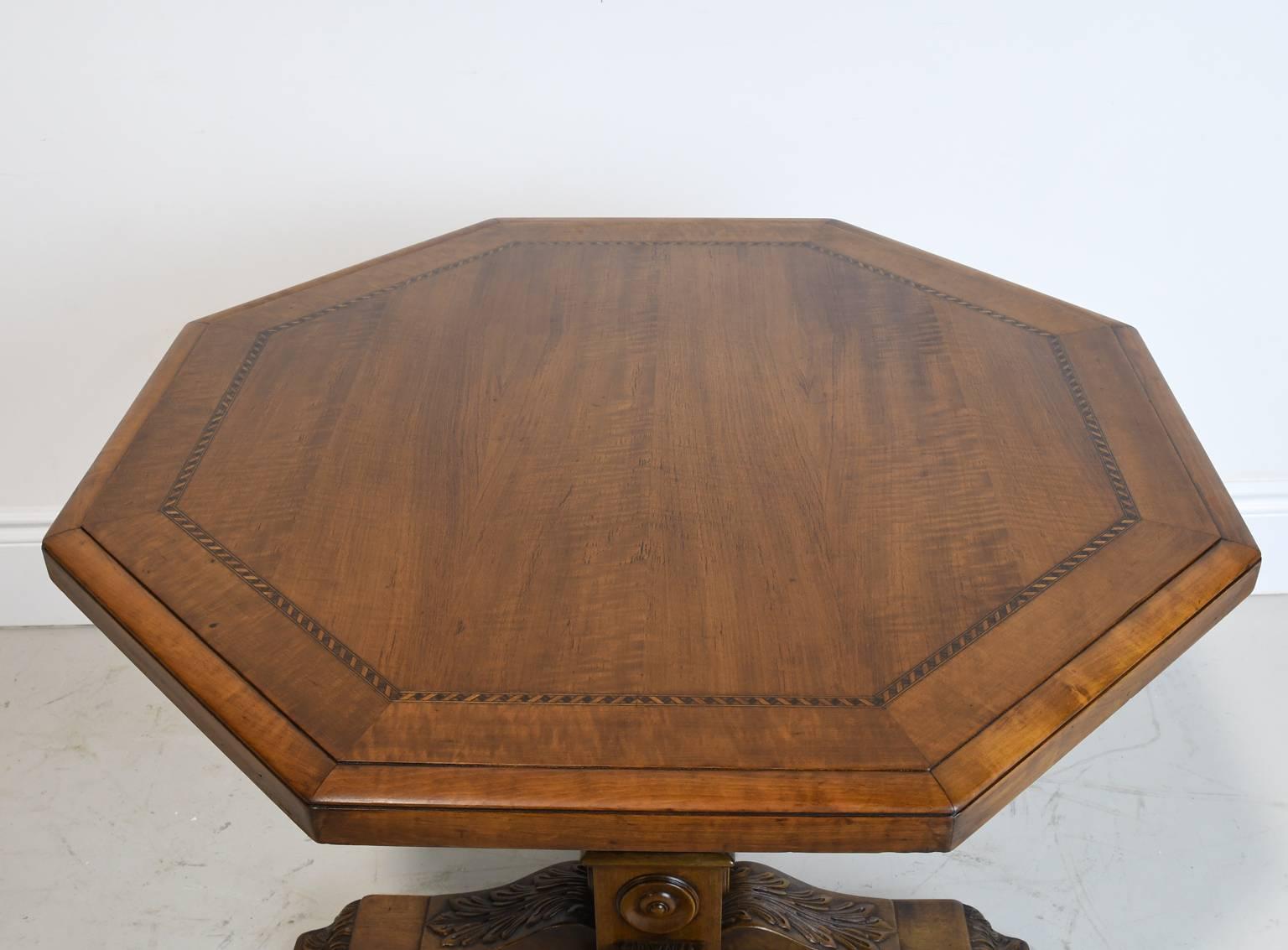 Hand-Carved Belle Époque Table with Inlaid Octagonal Top over Carved Pedestal Base