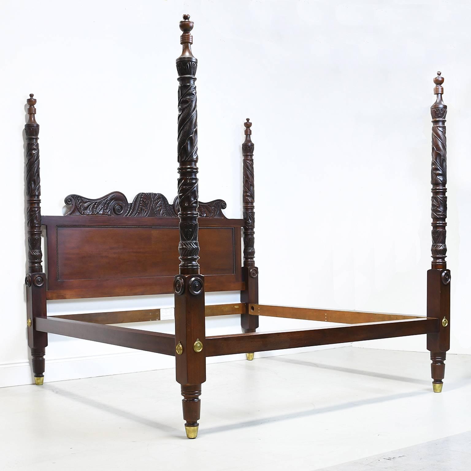 A Ralph Lauren Westminster bed from the Safari collection featuring four hand-carved posts with tobacco leaf motif in the British colonial style. These beds were highly sought-after in the 1990s & retailing for over $10,000 at that time.