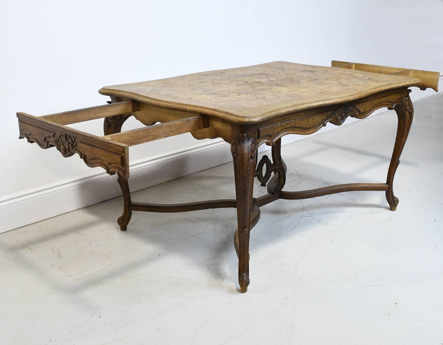 Hand-Carved Antique French Louis XV Style Extension Dining Table in Carved Oak w/ Parquetry