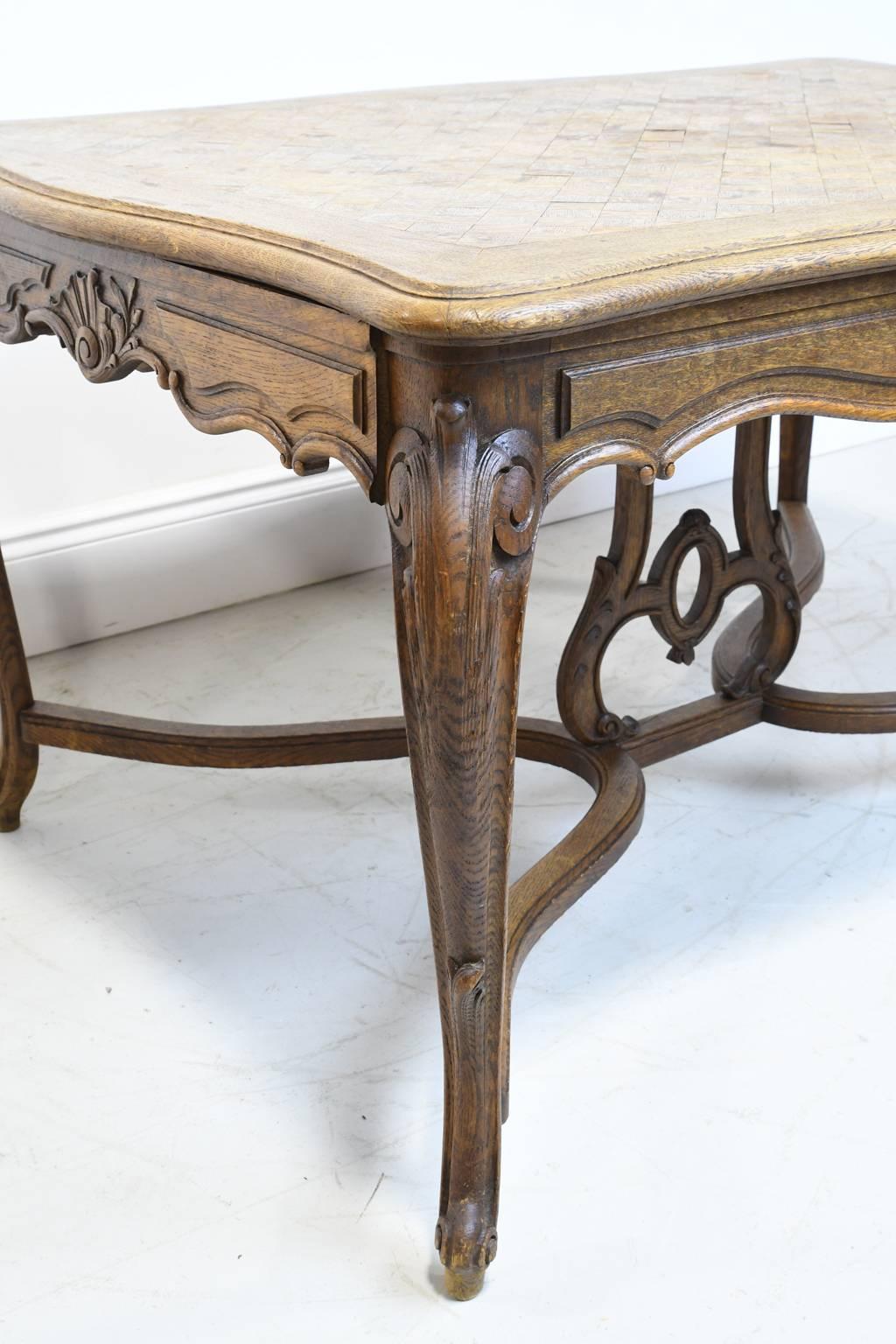 19th Century Antique French Louis XV Style Extension Dining Table in Carved Oak w/ Parquetry