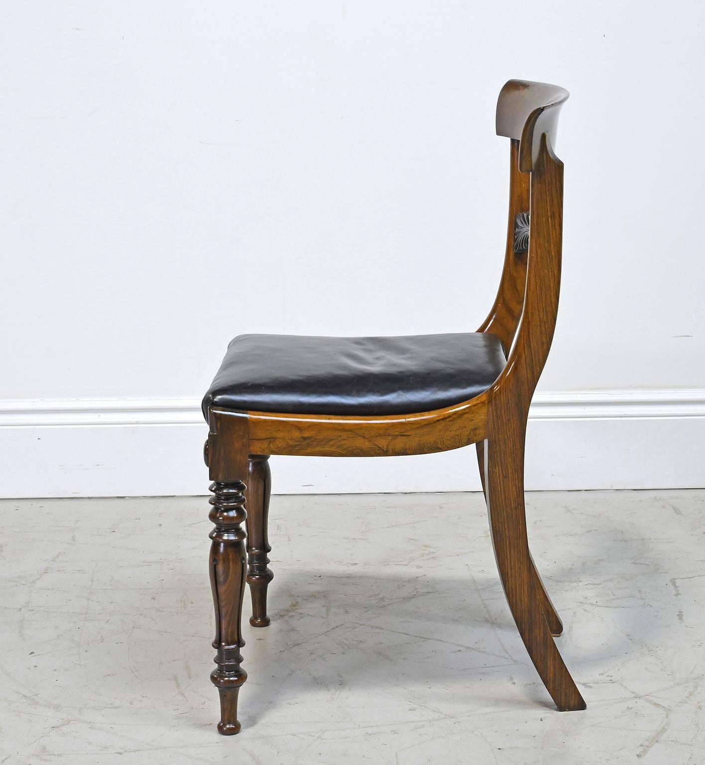 William IV English Regency Rosewood Chair with Black Leather Upholstery, circa 1830