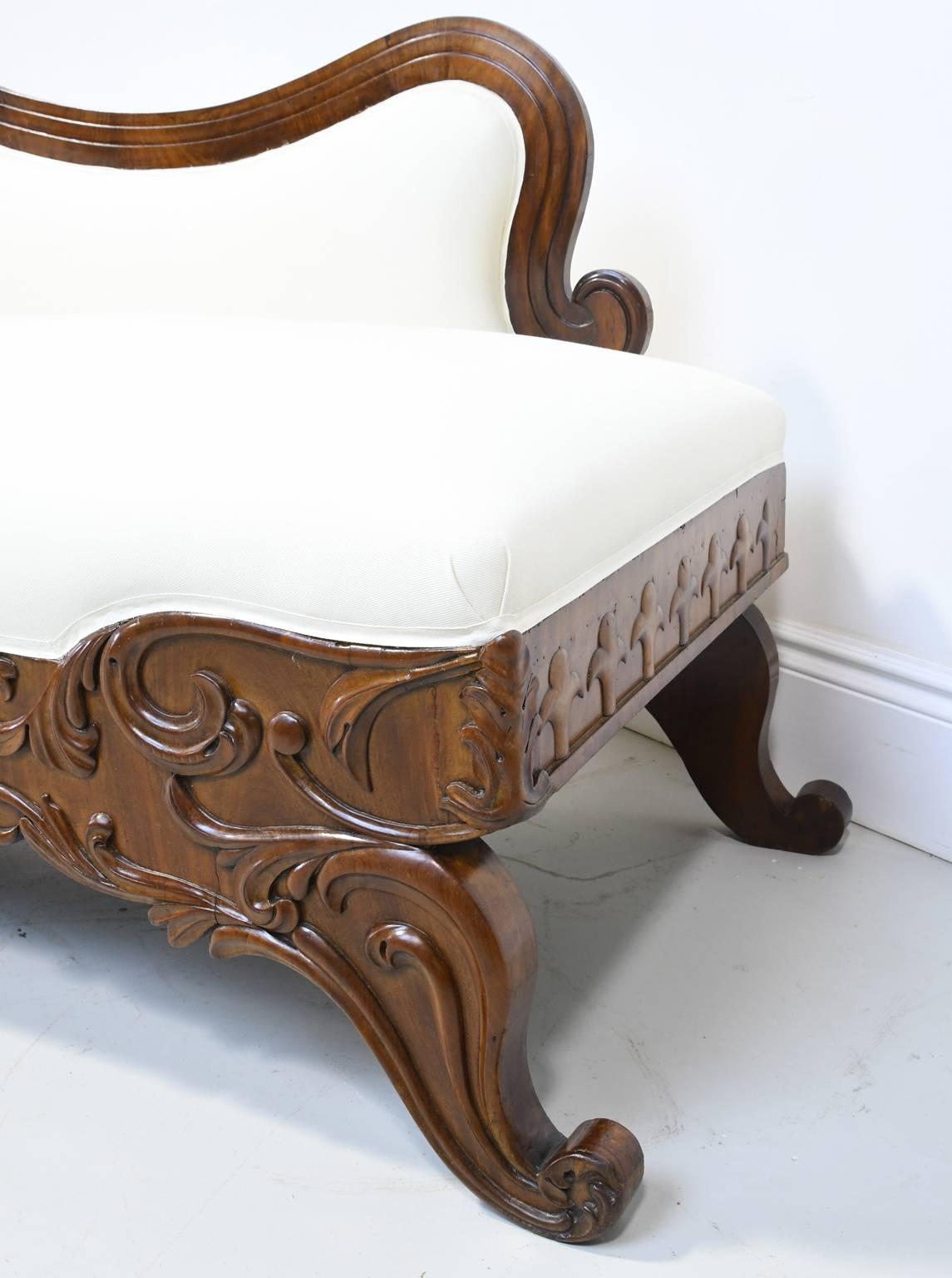 Cotton Swedish Karl Johan/ Empire Meridienne/ Recamier in Carved Mahogany w/ Upholstery For Sale