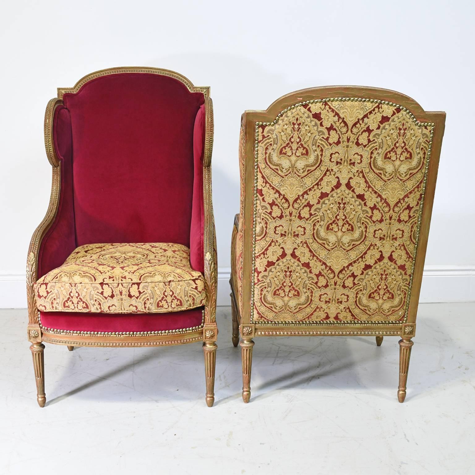 Carved Pair of French 19th Century Louis XVI Style Bergeres or Wingback Chairs