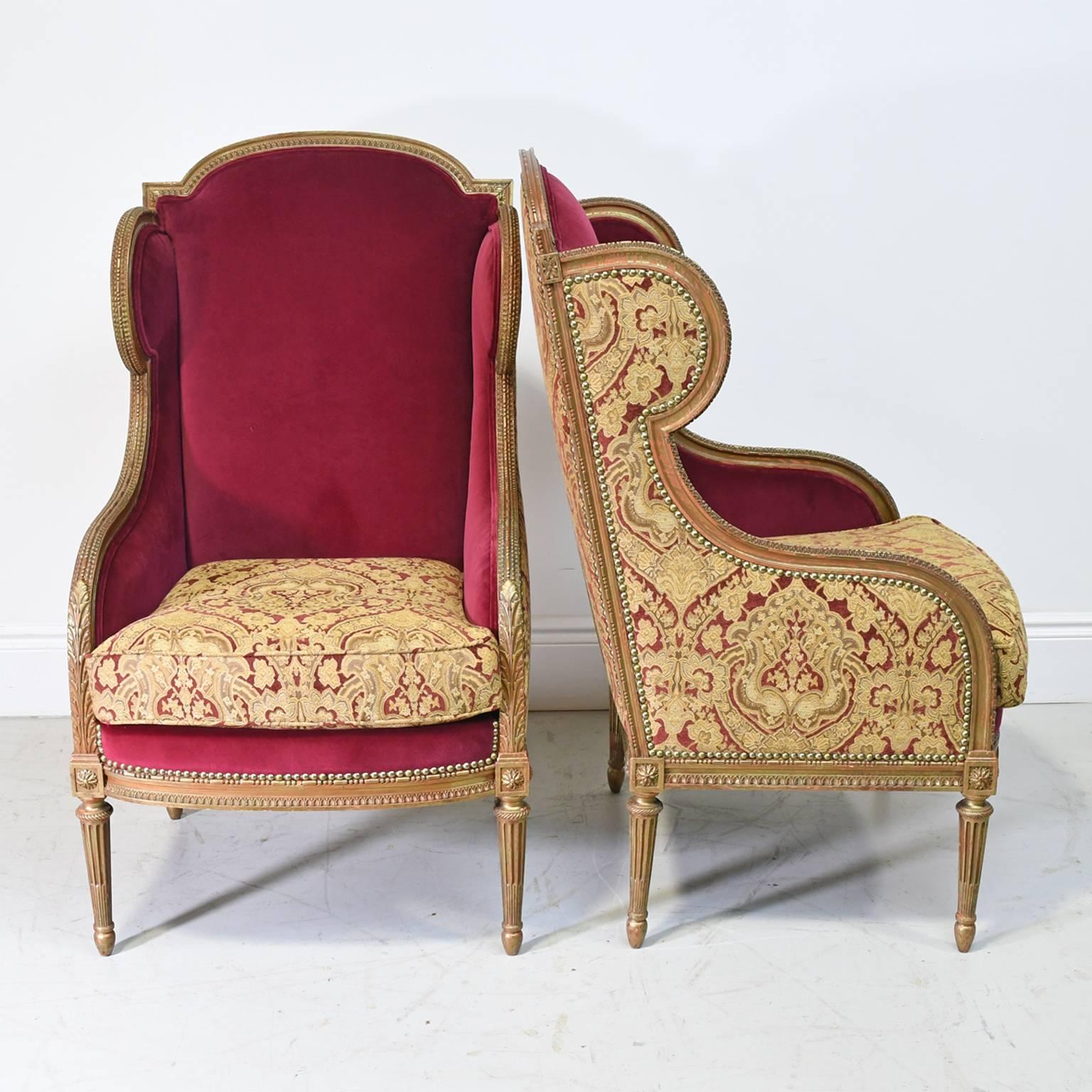 Pair of French 19th Century Louis XVI Style Bergeres or Wingback Chairs In Good Condition In Miami, FL