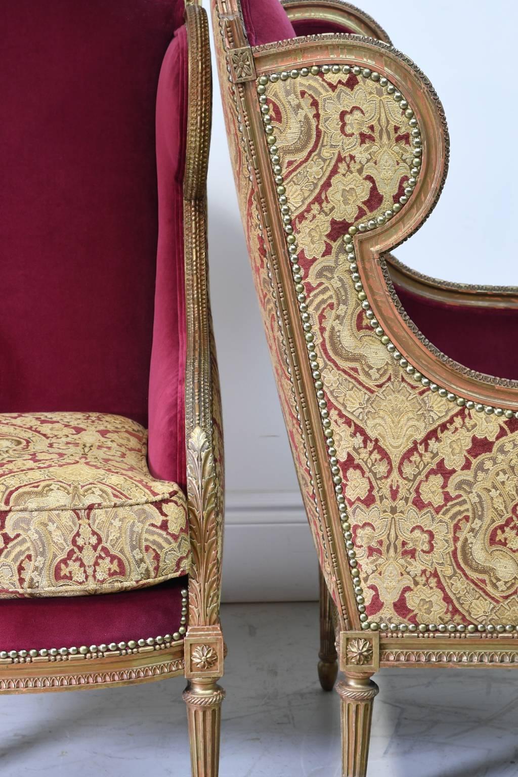 Upholstery Pair of French 19th Century Louis XVI Style Bergeres or Wingback Chairs