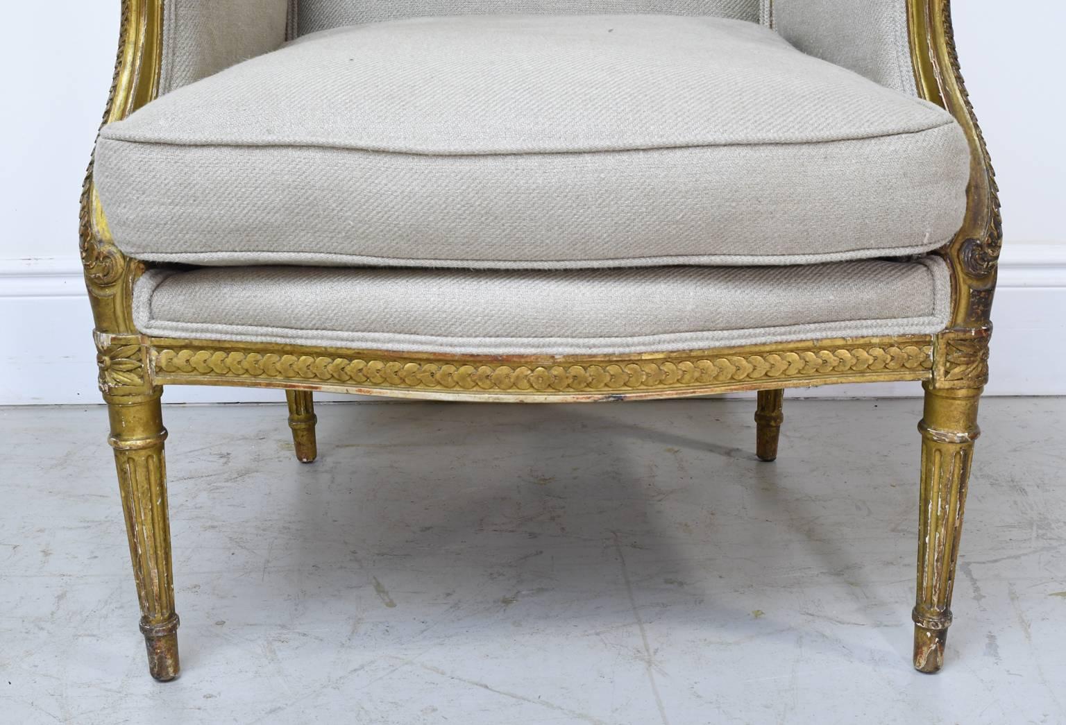18th Century French Louis XVI Giltwood Bergère or Wingback Chair with Upholstery In Fair Condition In Miami, FL