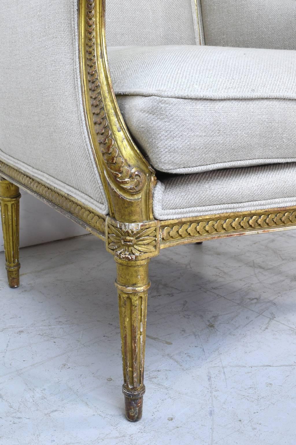 18th Century French Louis XVI Giltwood Bergère or Wingback Chair with Upholstery 2