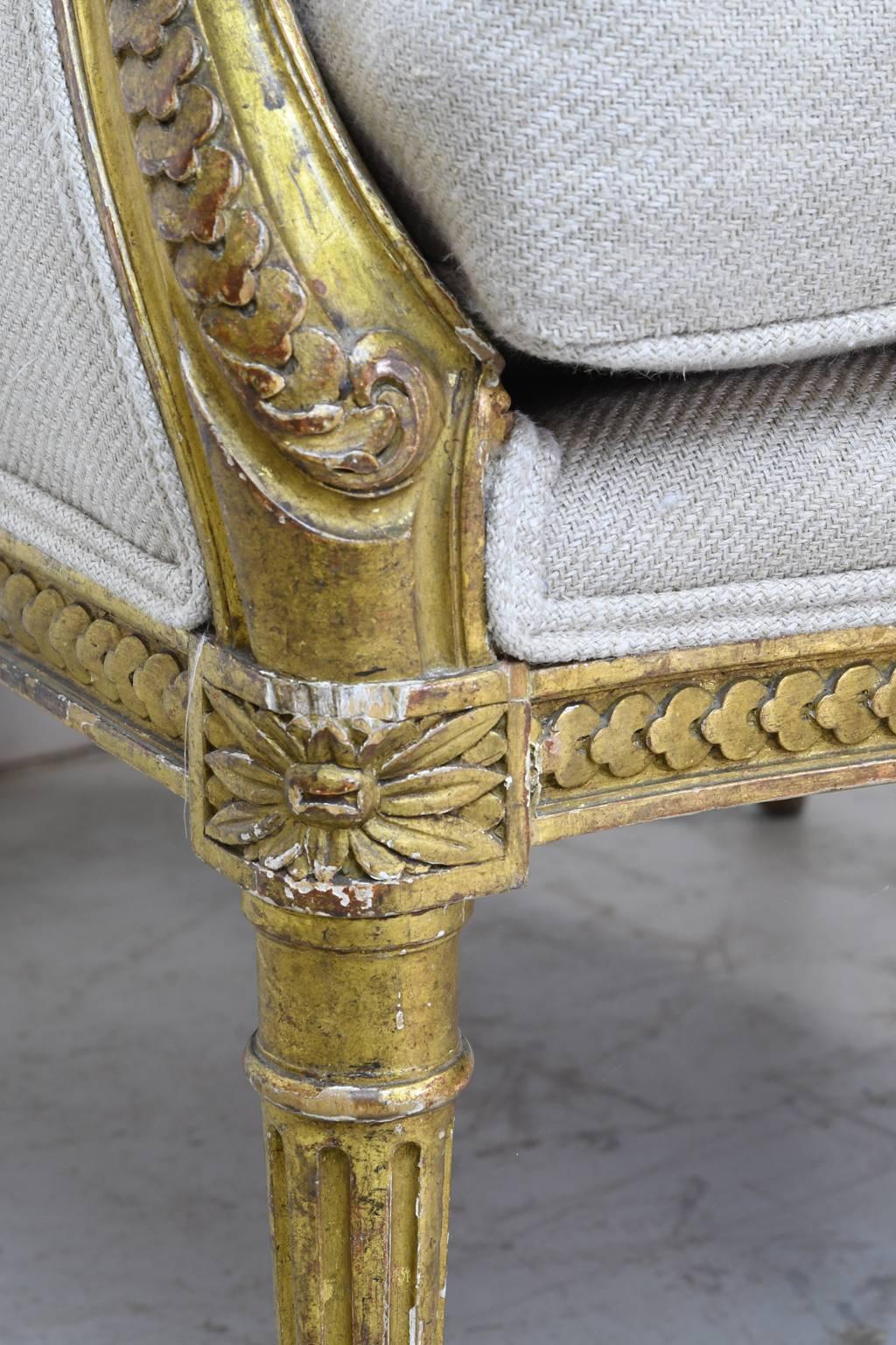 18th Century French Louis XVI Giltwood Bergère or Wingback Chair with Upholstery 3
