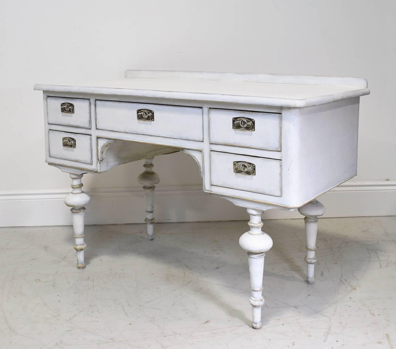 Danish Antique Scandinavian Pine Desk with Five Drawers & White Painted Finish