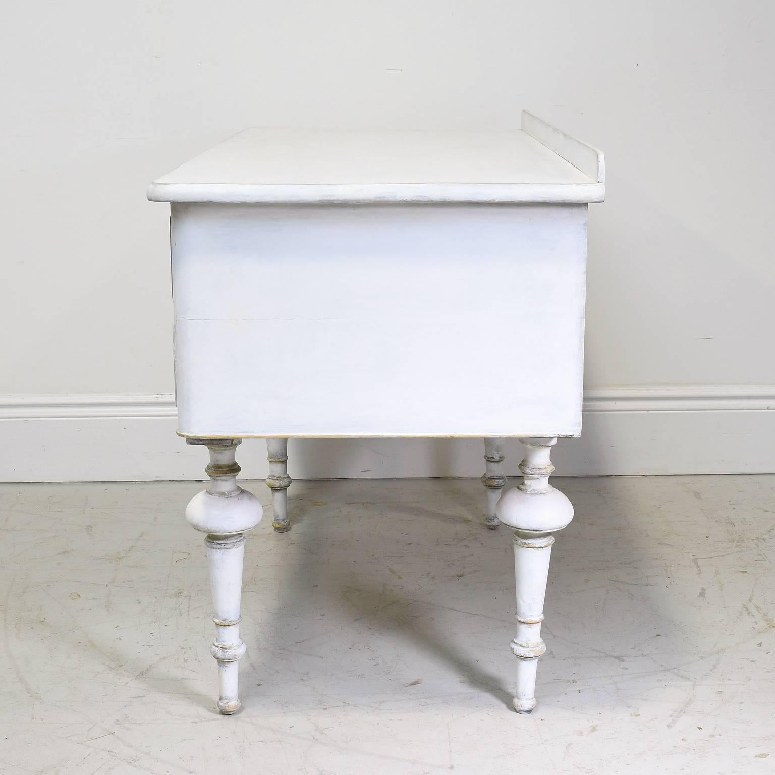 Hand-Painted Antique Scandinavian Pine Desk with Five Drawers & White Painted Finish