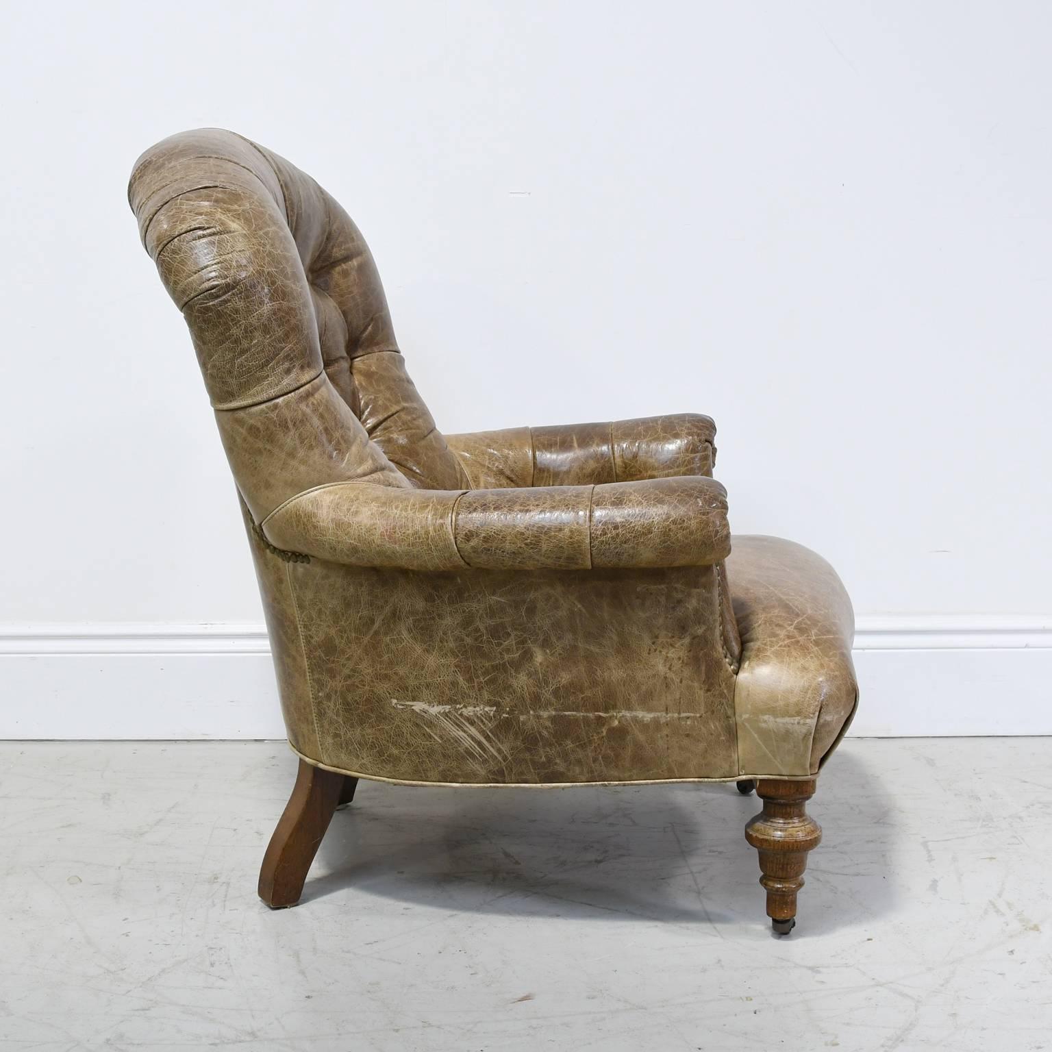 Worn Brown Leather Club Chair with Scrolled Arms, Tufted Back and Turned Feet In Good Condition In Miami, FL