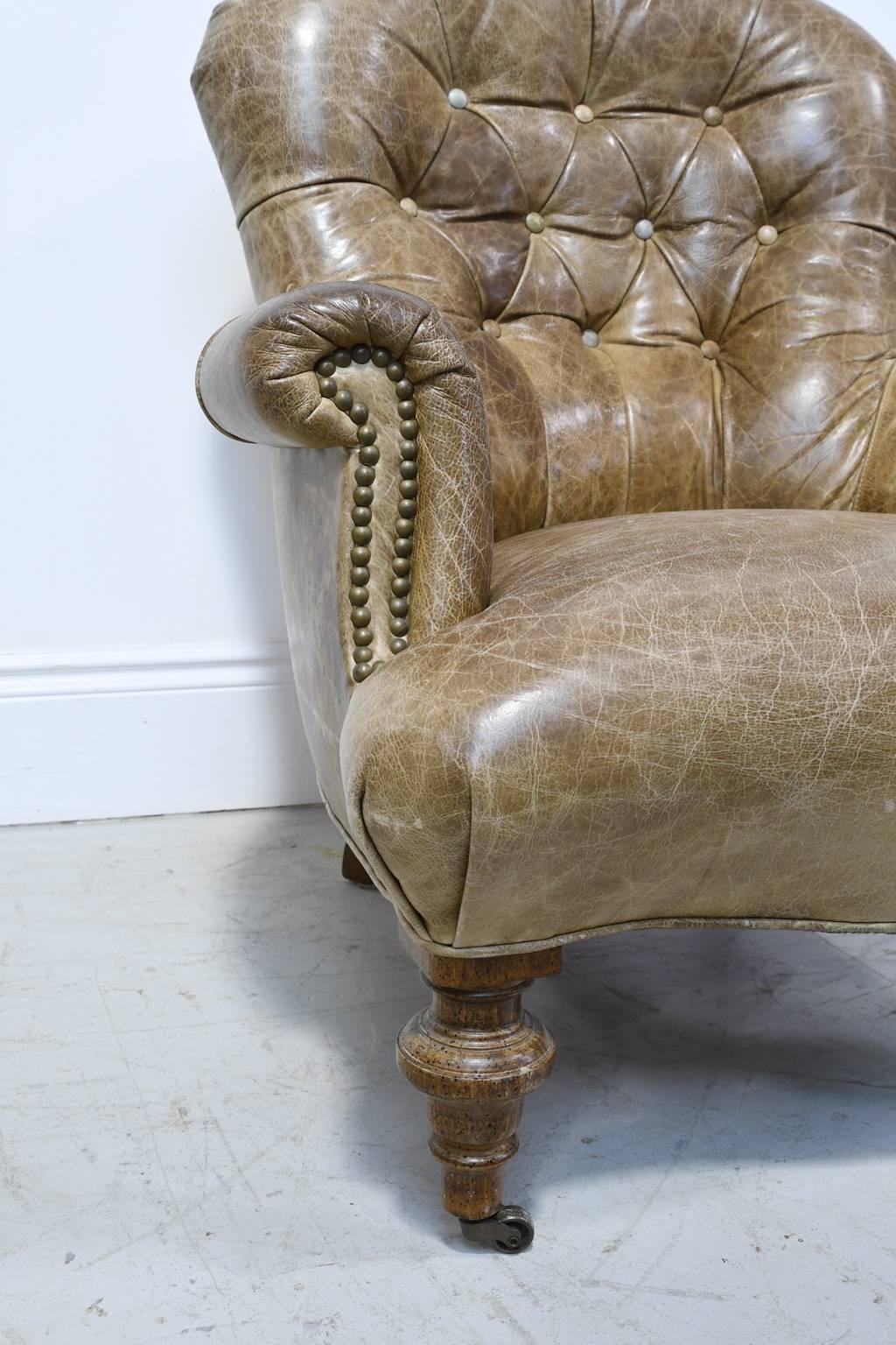 Worn Brown Leather Club Chair with Scrolled Arms, Tufted Back and Turned Feet 1
