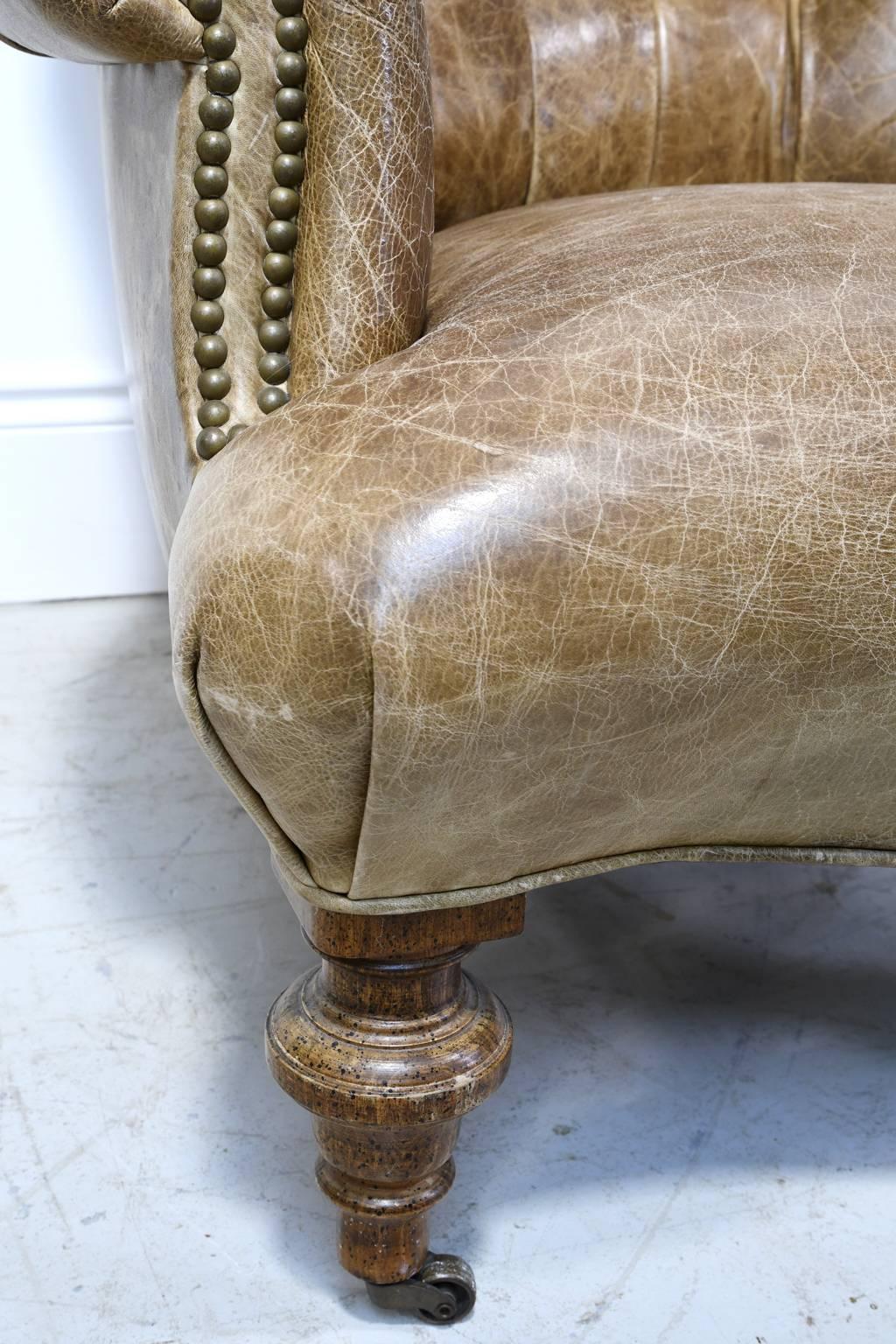 Worn Brown Leather Club Chair with Scrolled Arms, Tufted Back and Turned Feet 2