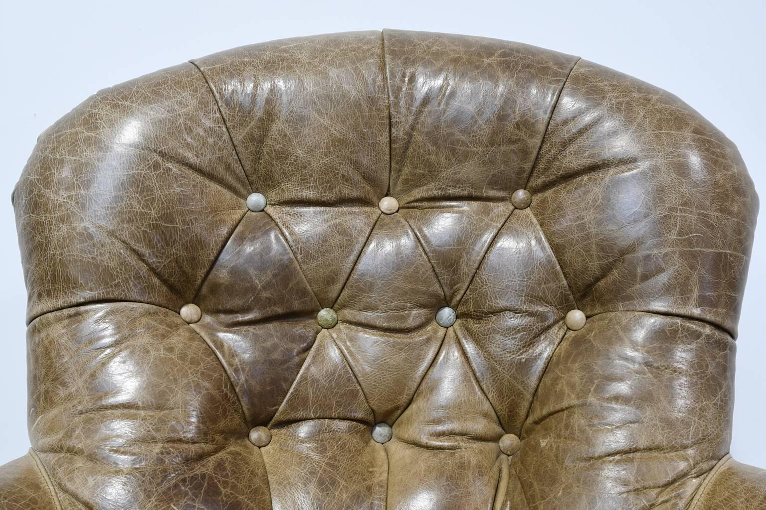 Worn Brown Leather Club Chair with Scrolled Arms, Tufted Back and Turned Feet 3