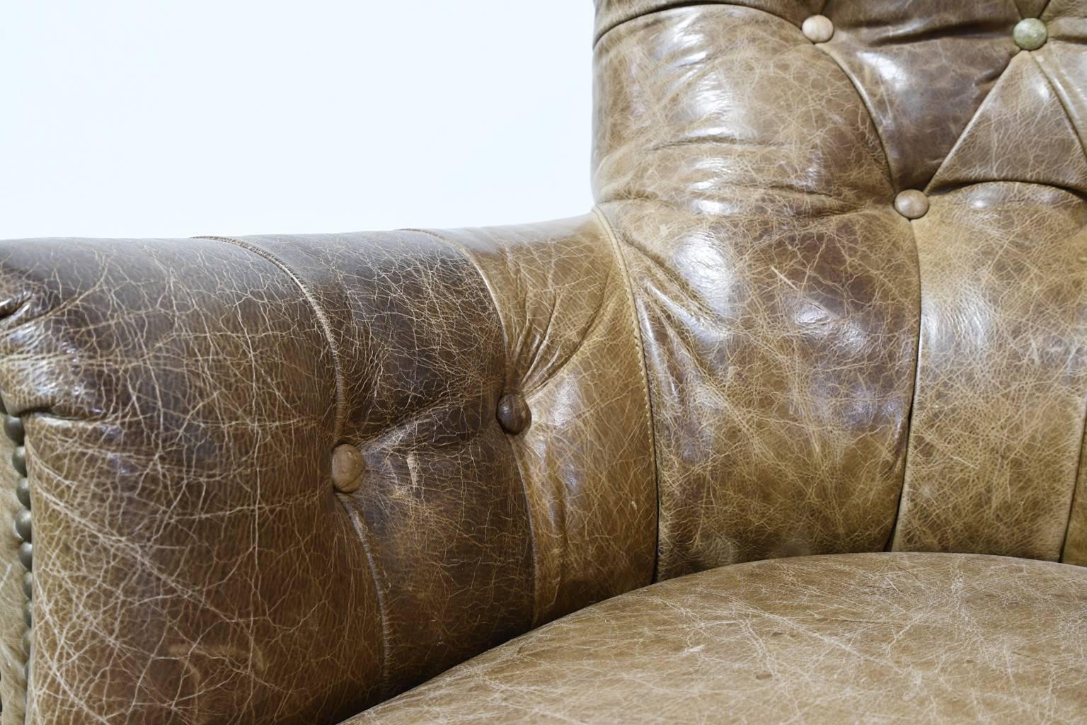 Worn Brown Leather Club Chair with Scrolled Arms, Tufted Back and Turned Feet 4