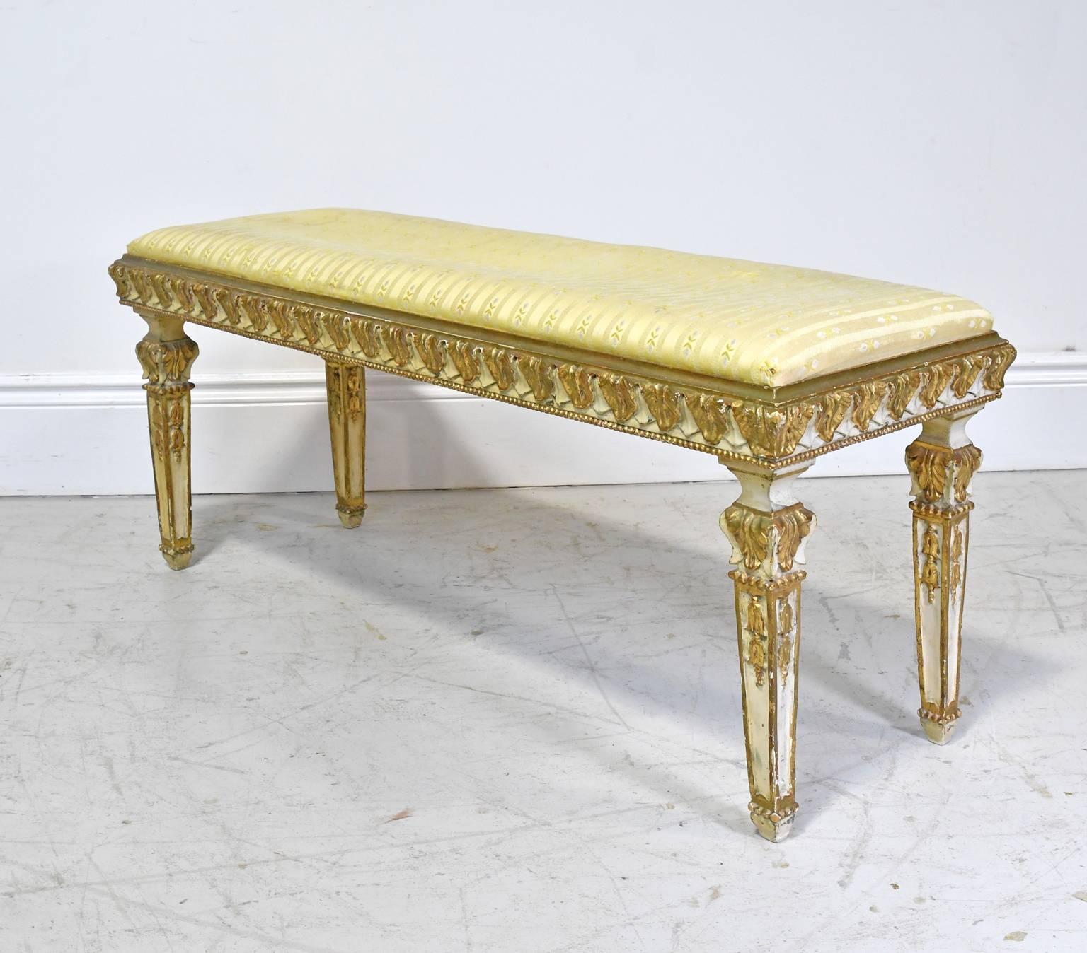 Swedish Belle Époque Bench in Gilded & Polychrome Wood with Upholstered Seat