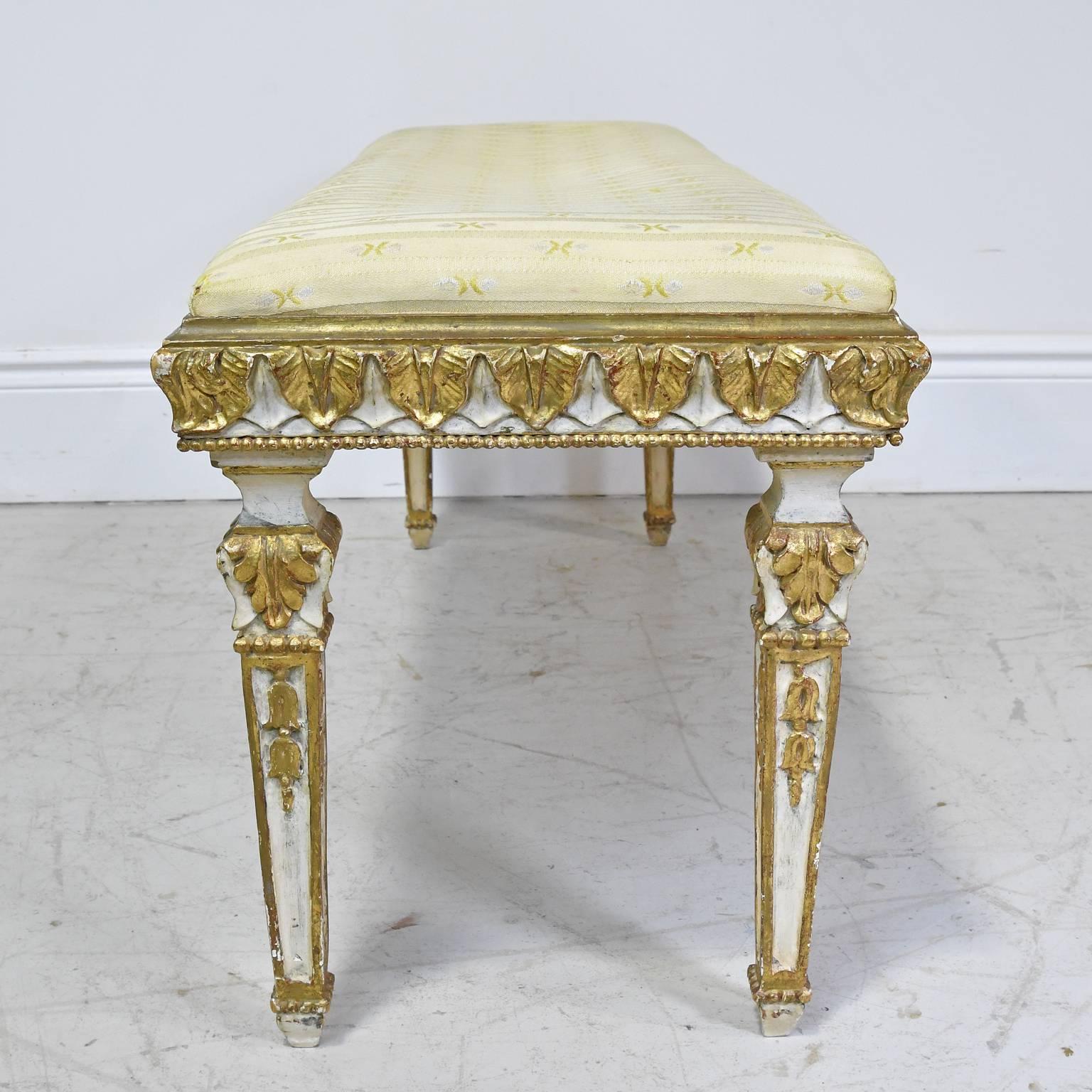 Carved Belle Époque Bench in Gilded & Polychrome Wood with Upholstered Seat