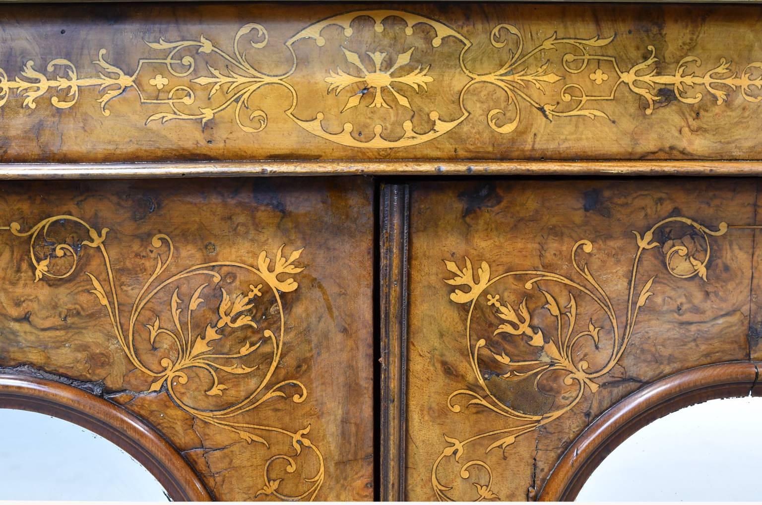 Beveled 19th Century English Sideboard in Burl Walnut with Marquetry withMarble Top