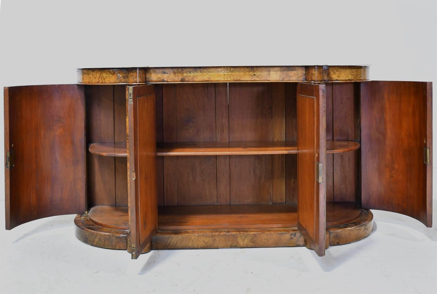 19th Century English Sideboard in Burl Walnut with Marquetry withMarble Top 1