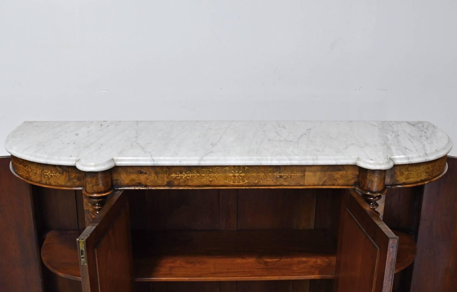 Early Victorian 19th Century English Sideboard in Burl Walnut with Marquetry withMarble Top
