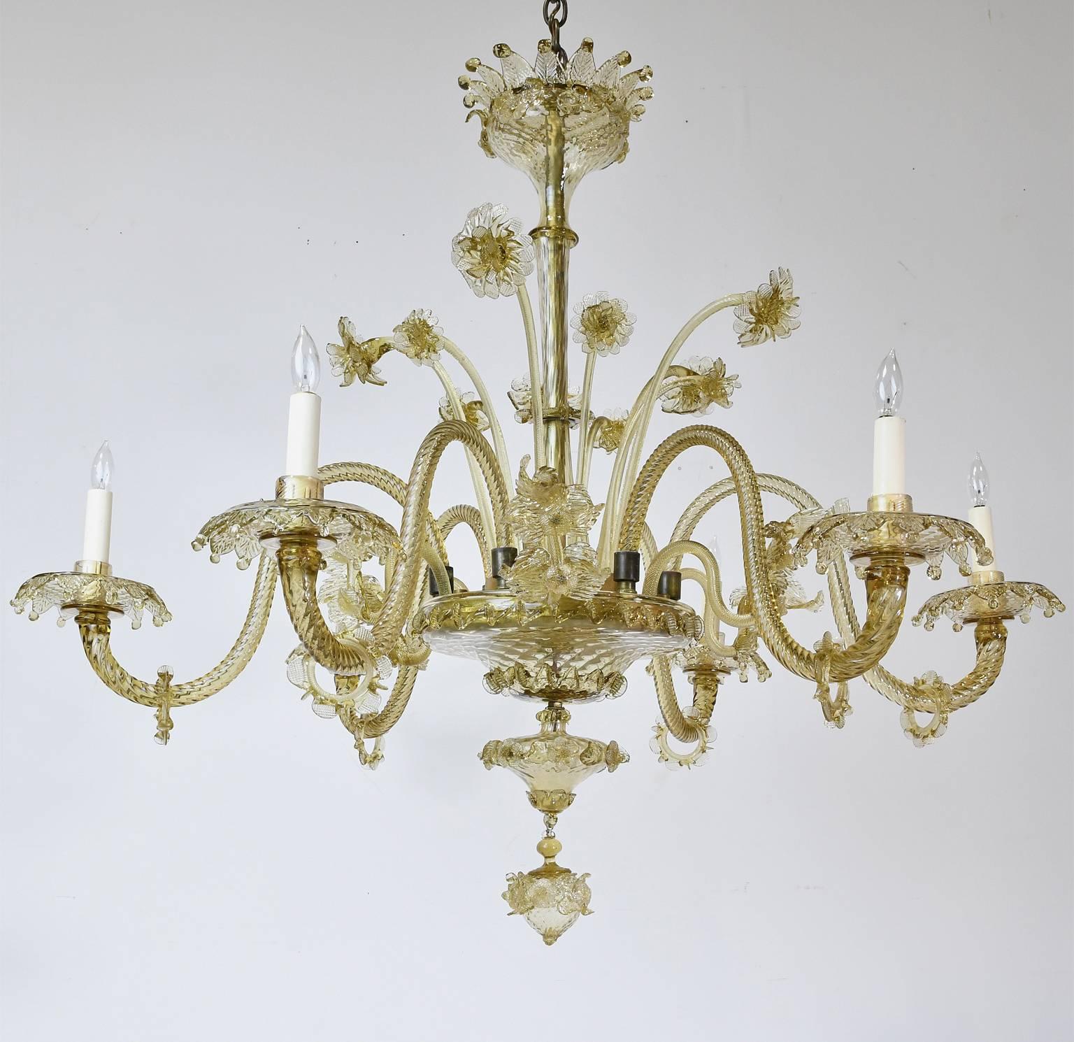 Baroque Revival Large 20th Century Venetian Murano Glass Chandelier with Six Arms
