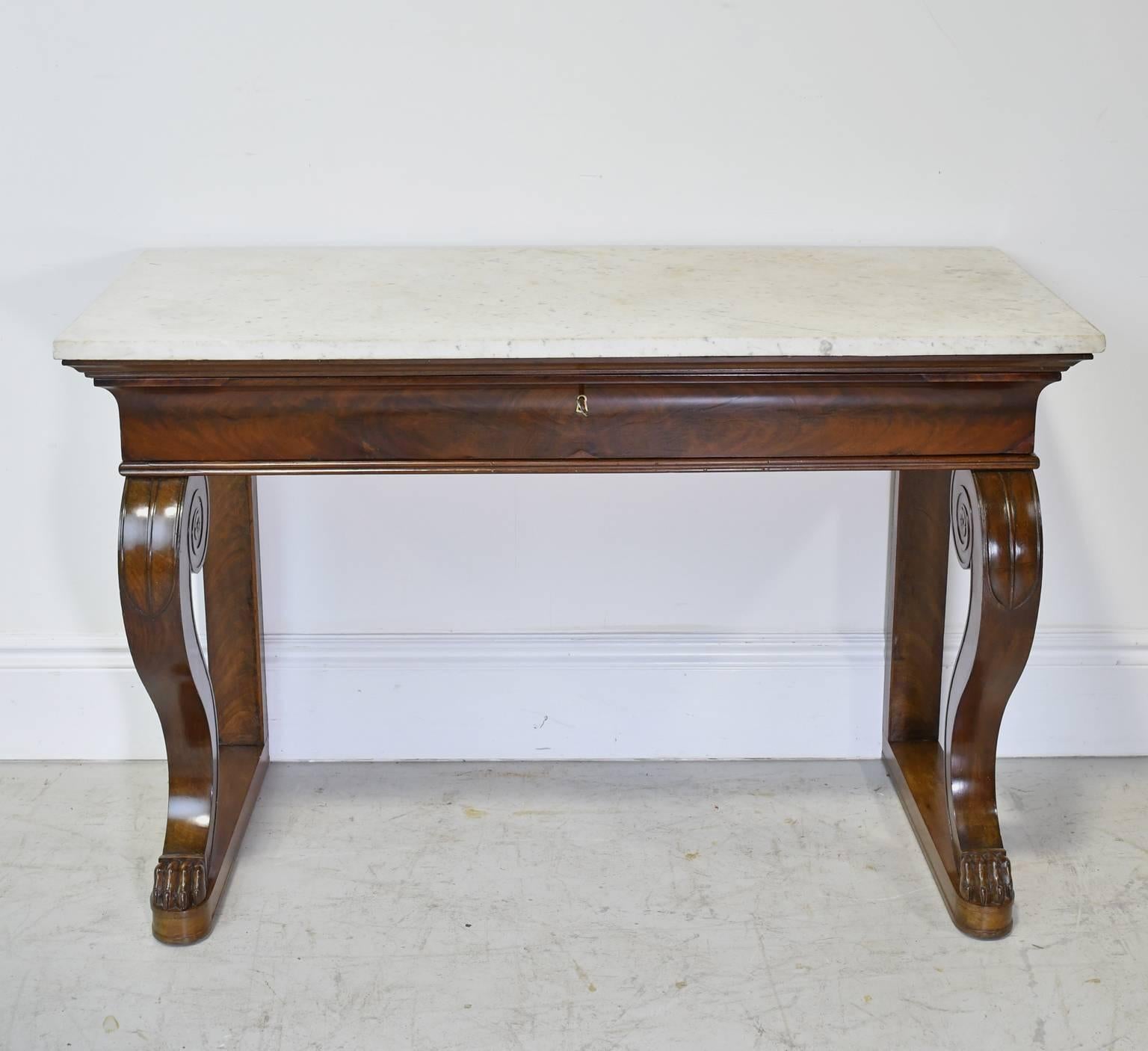 Hand-Carved French Empire Console Table in Mahogany w/ White Carrara Marble Top, circa 1800