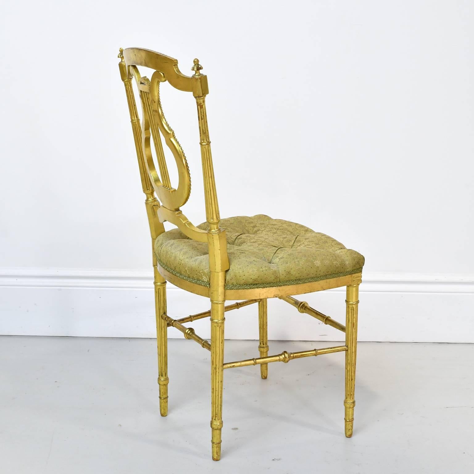 French Gilded Louis XVI Style Chair w/ Lyre-Back & Upholstered Seat, France, ca. 1910