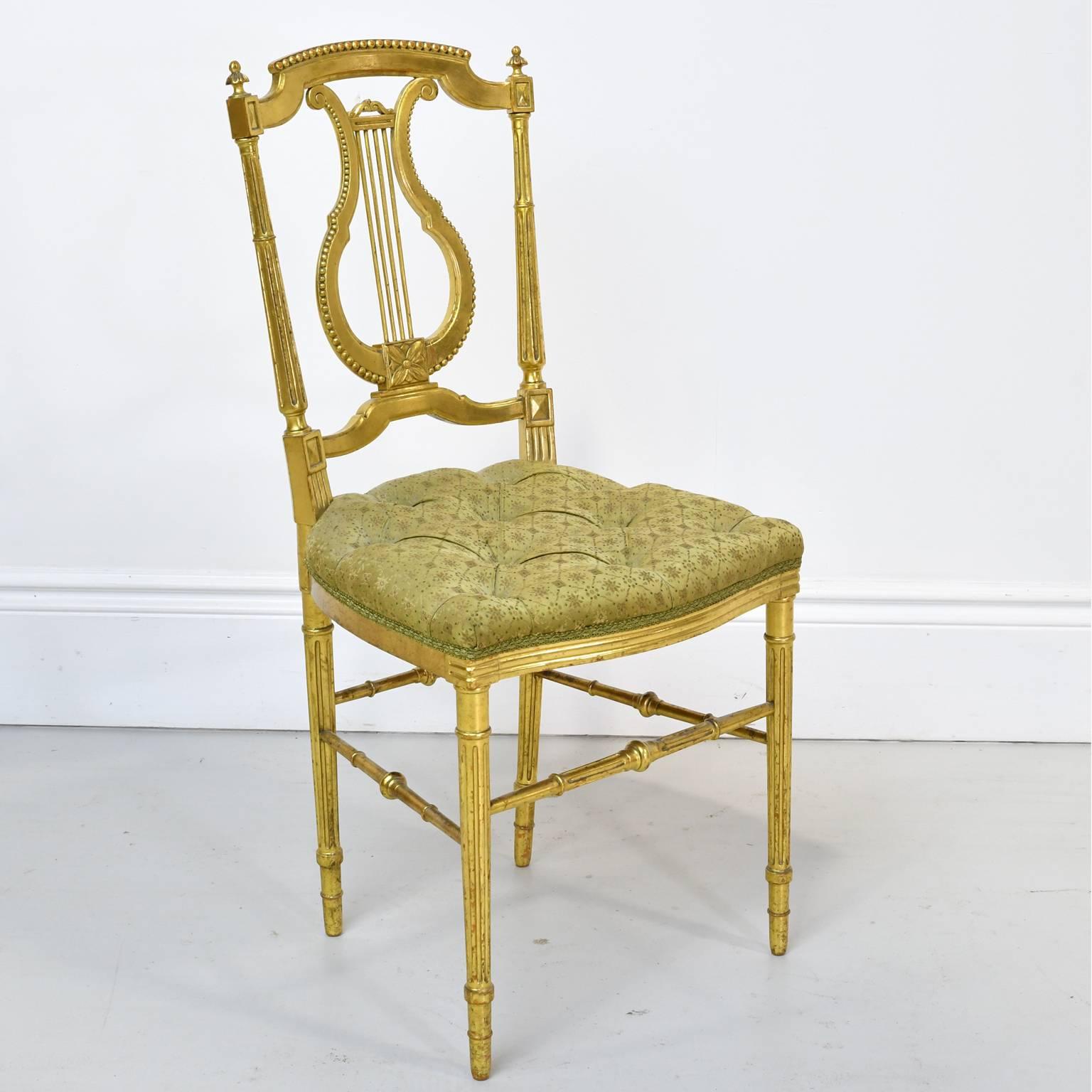 Carved Gilded Louis XVI Style Chair w/ Lyre-Back & Upholstered Seat, France, ca. 1910