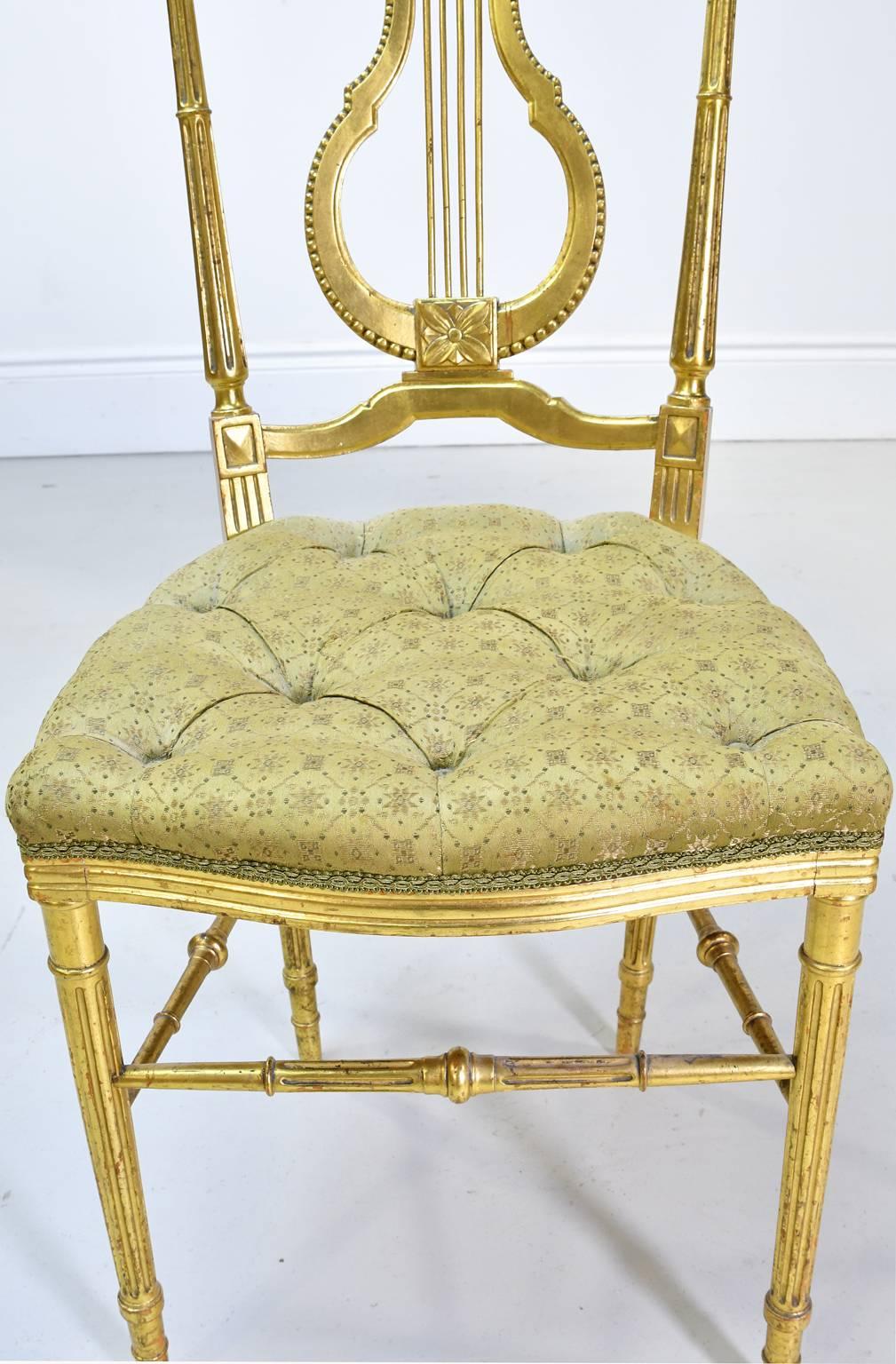 20th Century Gilded Louis XVI Style Chair w/ Lyre-Back & Upholstered Seat, France, ca. 1910