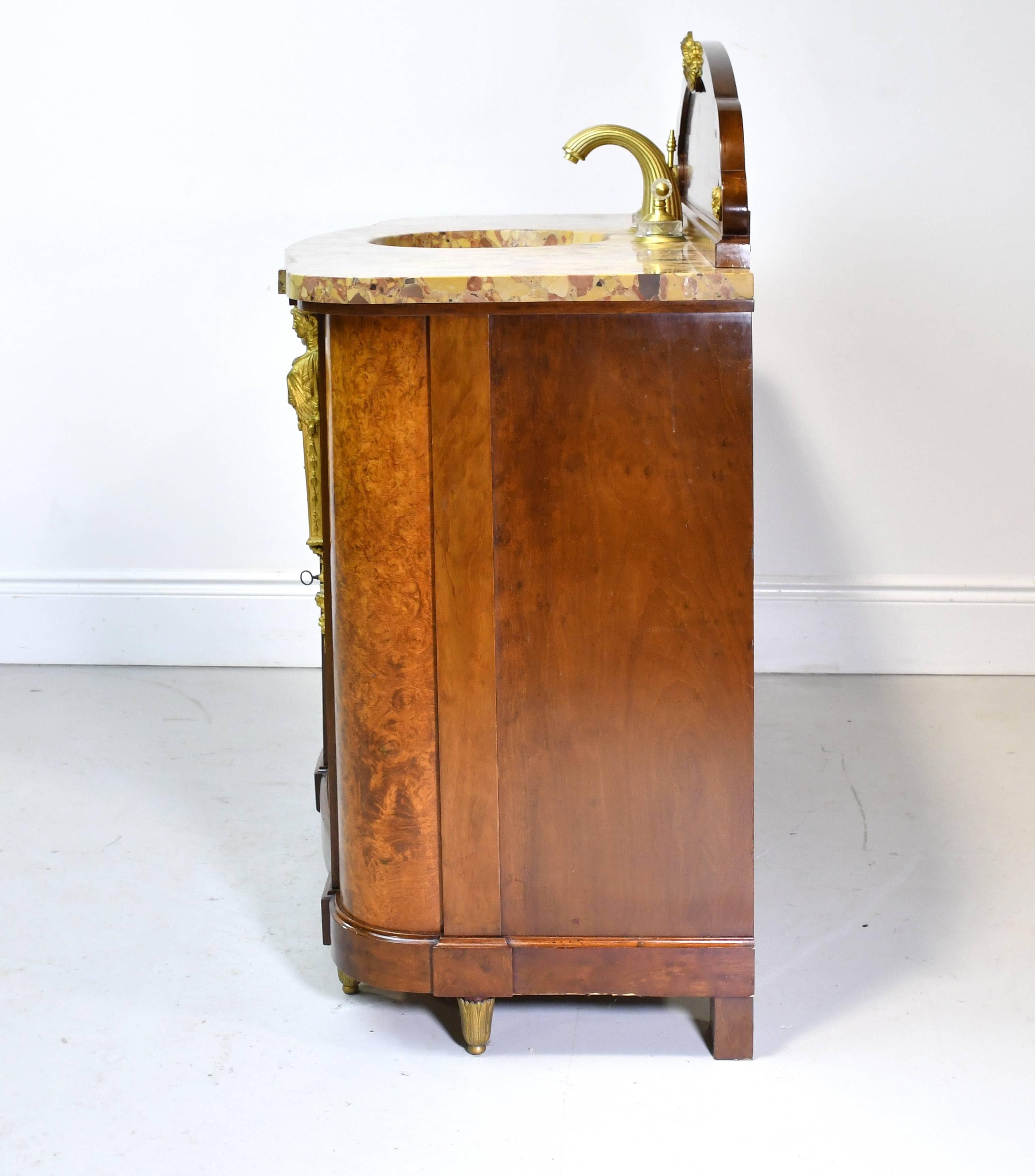 20th Century Pair of Antique French Empire-Style Bathroom Vanities with Ormolu & Marble Tops