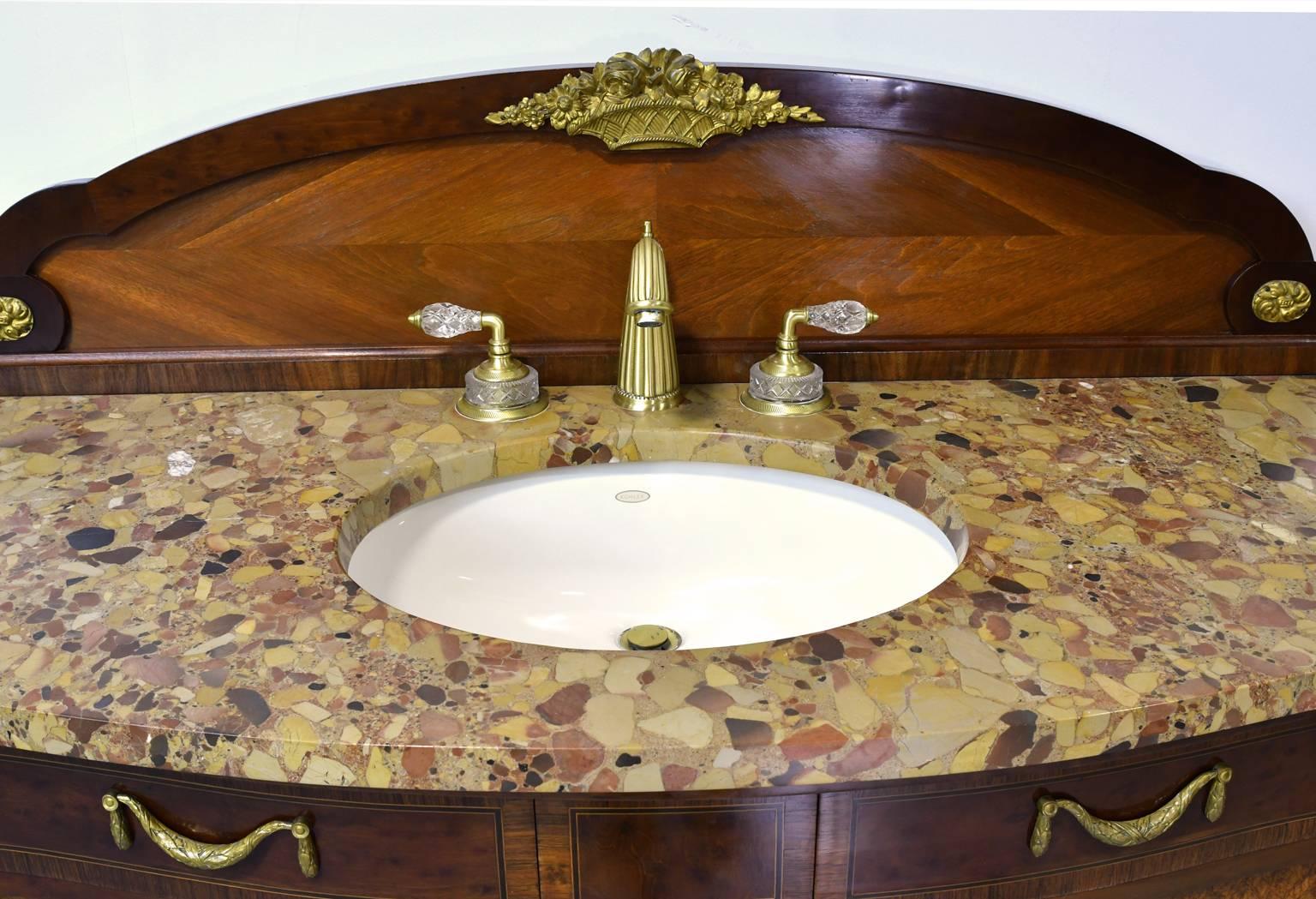 Bronze Pair of Antique French Empire-Style Bathroom Vanities with Ormolu & Marble Tops
