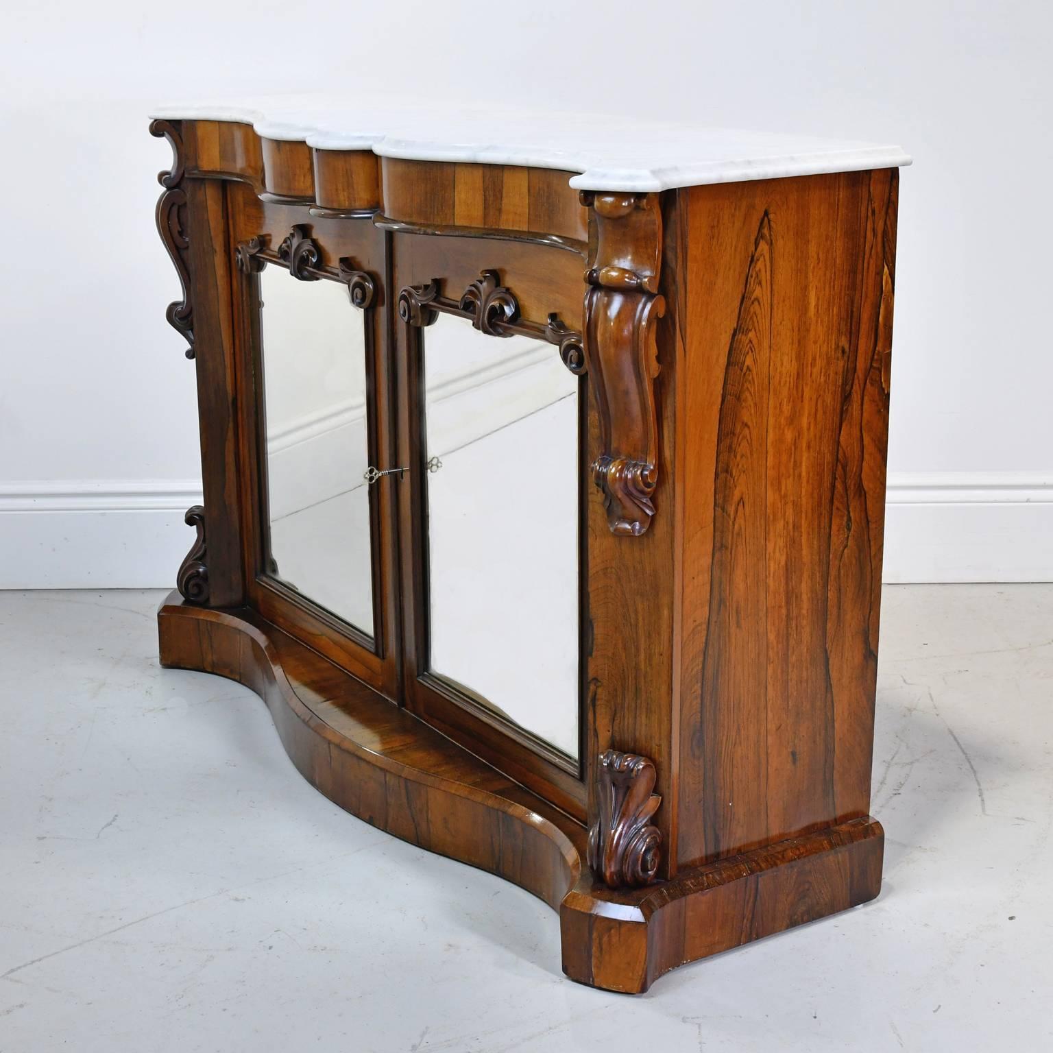 Victorian 19th Century English Console Cabinet in Rosewood w/ Marble Top & Mirrored Panels