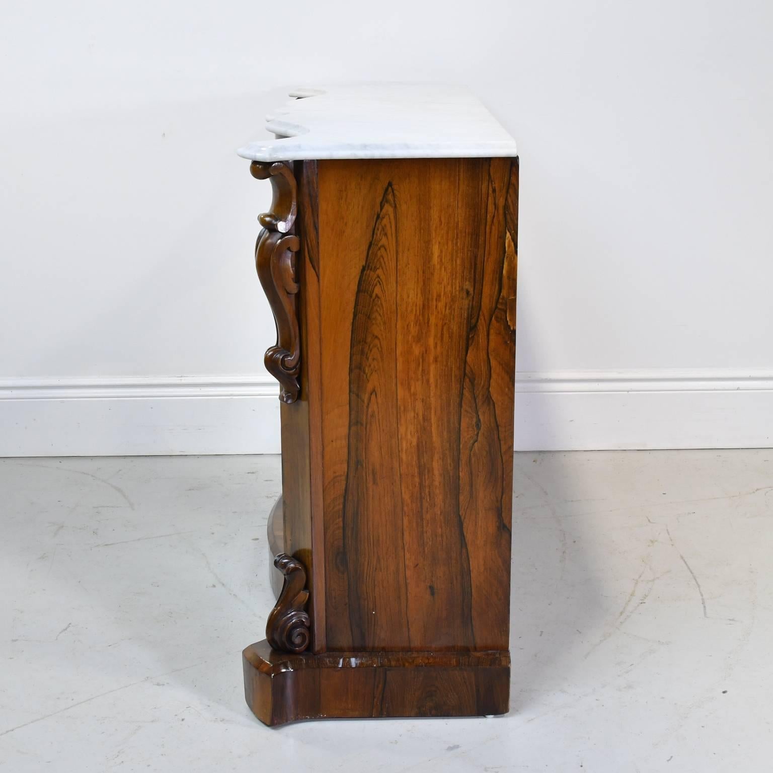 Polished 19th Century English Console Cabinet in Rosewood w/ Marble Top & Mirrored Panels