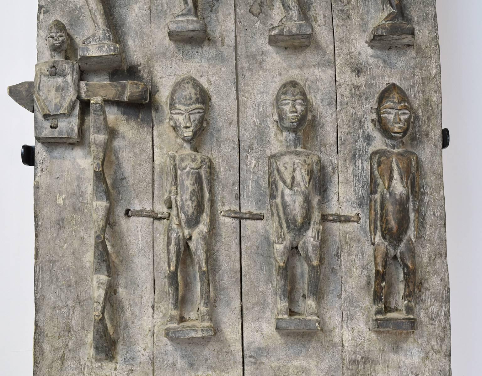 Tribal Large African Bambara Doors with Carved Nommo Ancestor Figures
