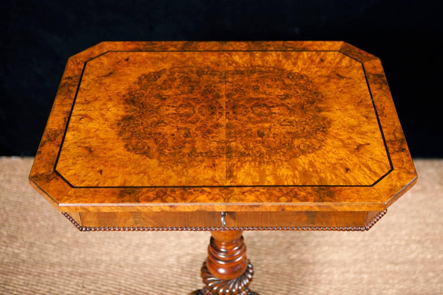 19th Century English Side Table in Walnut and Burl Walnut on Center Pedestal 1