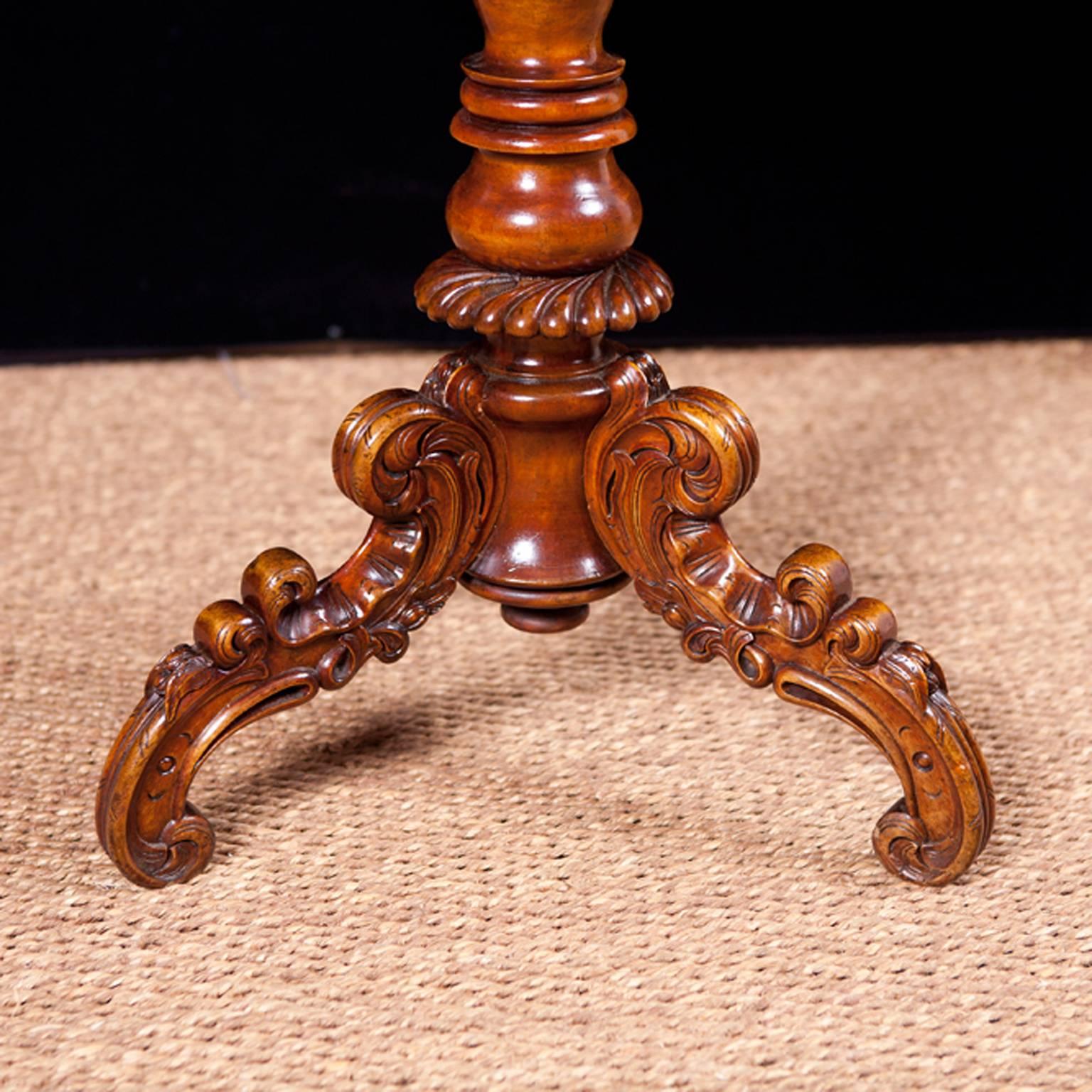19th Century English Side Table in Walnut and Burl Walnut on Center Pedestal 2
