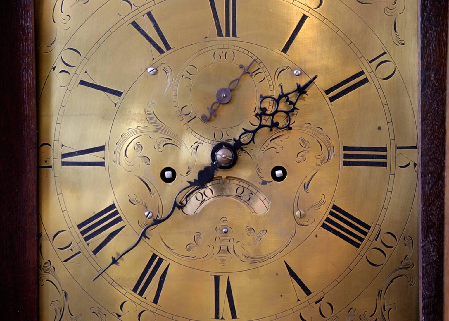Regency English Case Clock in Oak with 8-Day Movement and Brass Dial, circa 1830
