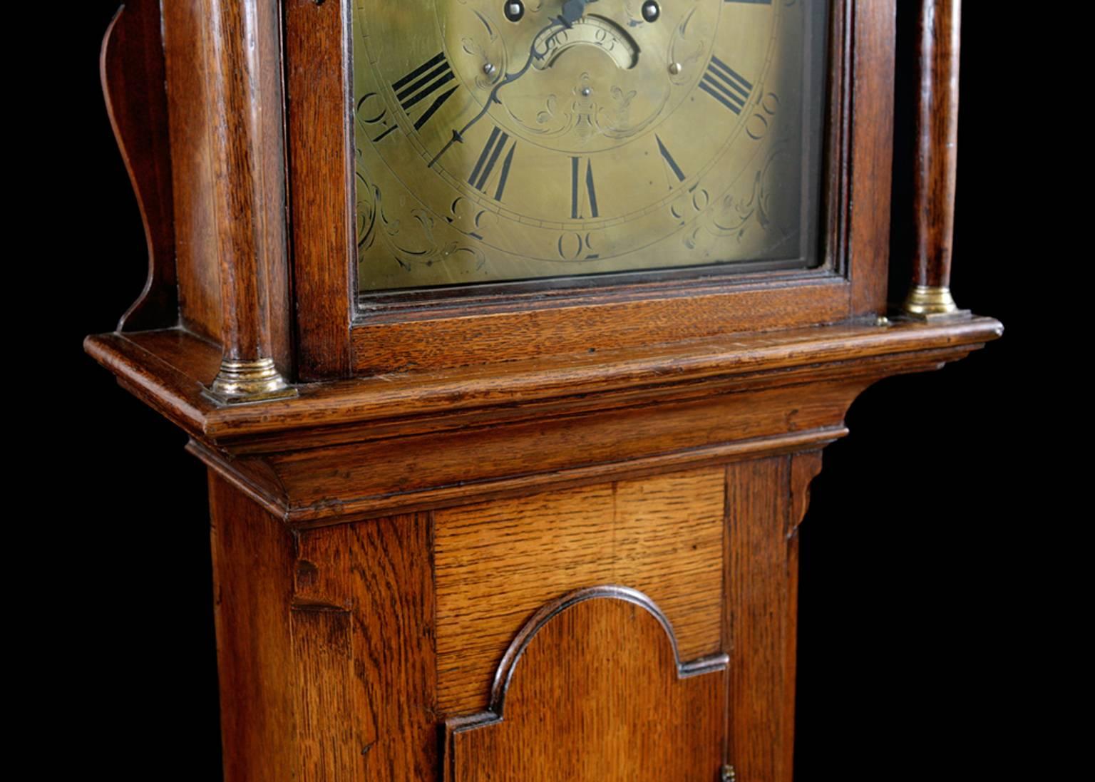 19th Century English Case Clock in Oak with 8-Day Movement and Brass Dial, circa 1830