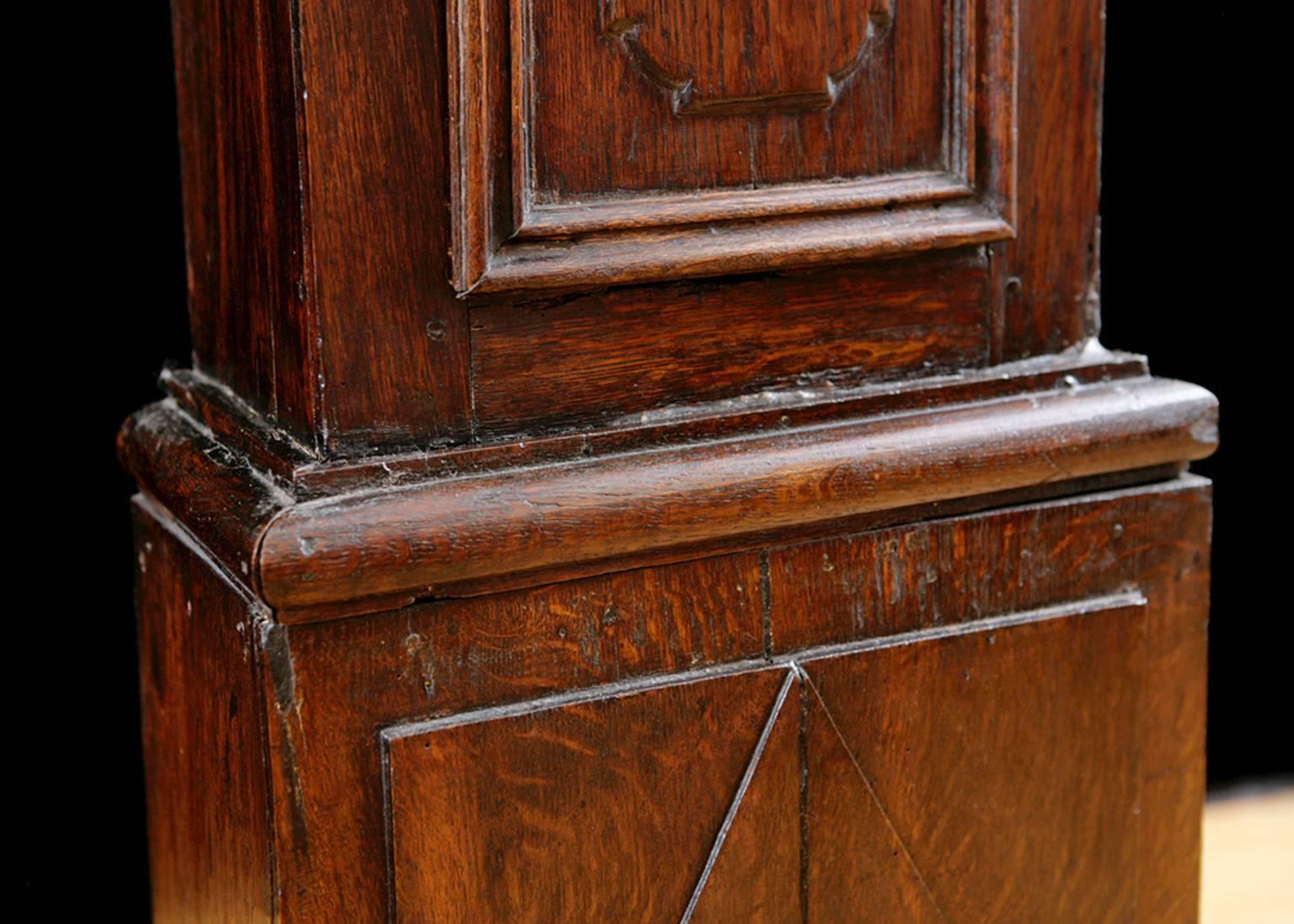 Hand-Carved Early 17th Century Flemish Tall-Case Clock with Oak Case and Pewter Dial