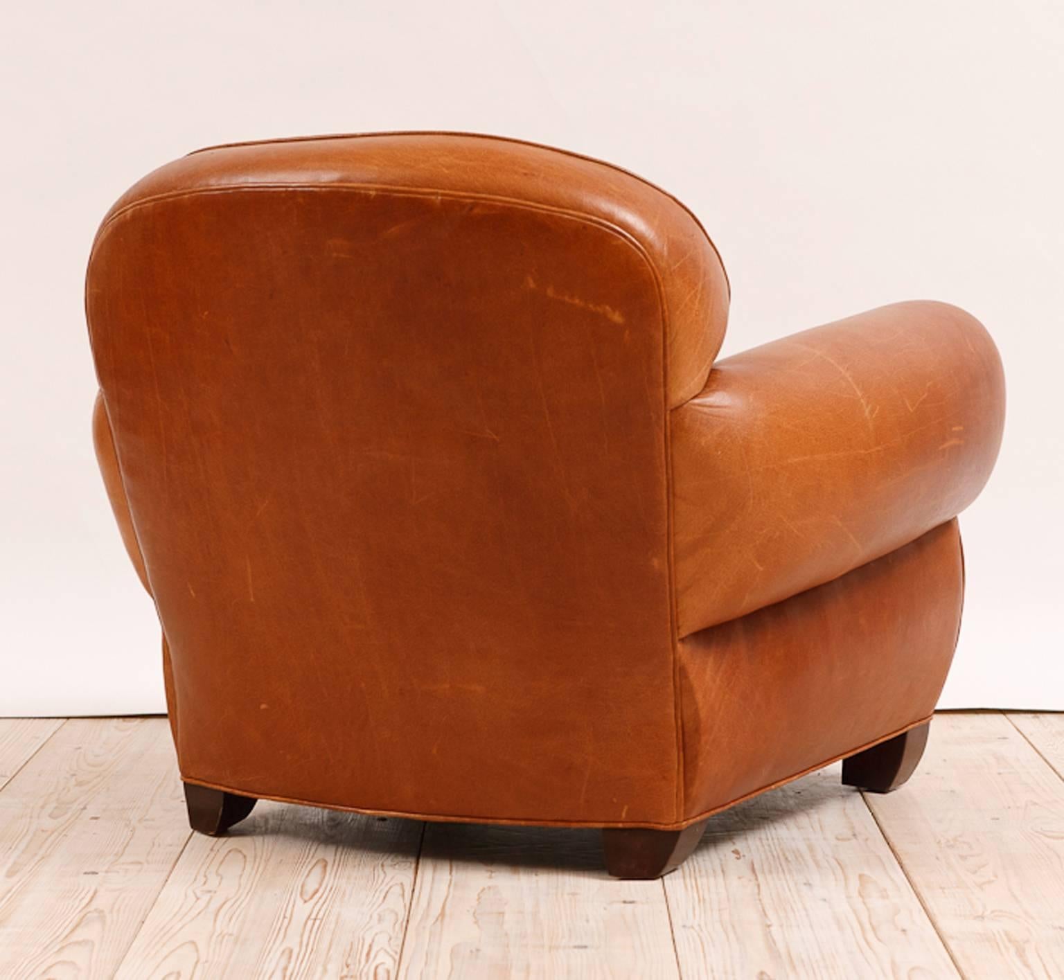 American Custom Made Art Deco Style Buffalo Hide Leather Club Chair with Tufted Back