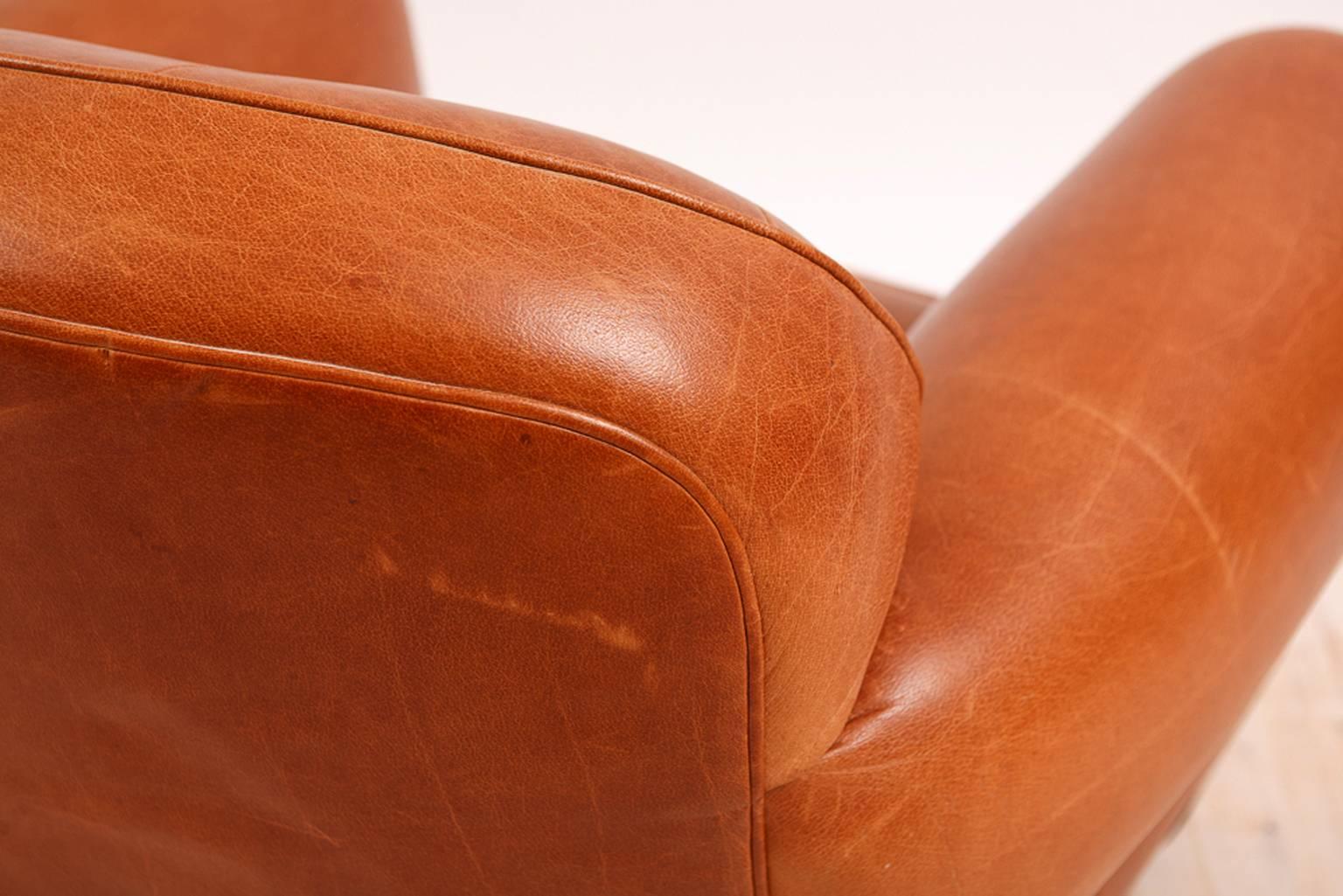 Custom Made Art Deco Style Buffalo Hide Leather Club Chair with Tufted Back In Good Condition In Miami, FL