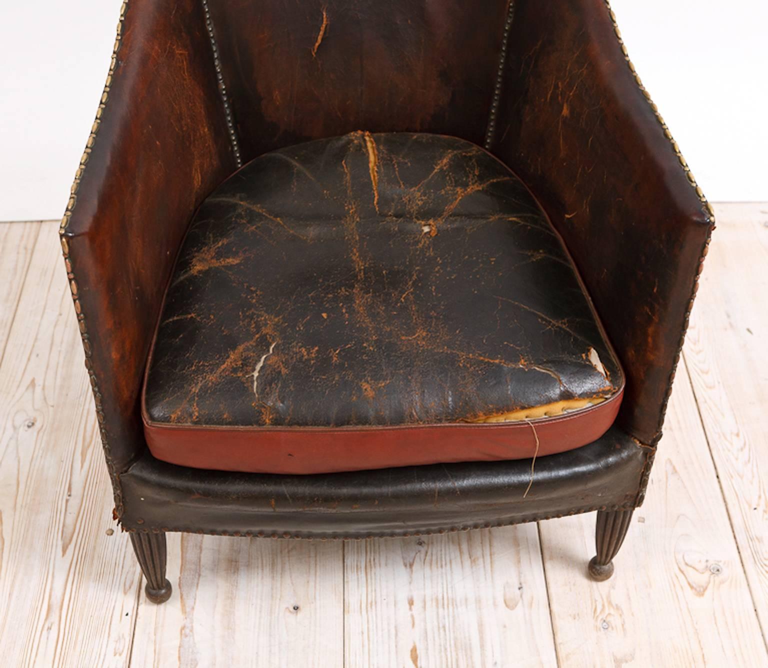 Carved 1920's French Art Deco Club Chair Upholstered in Original Leather