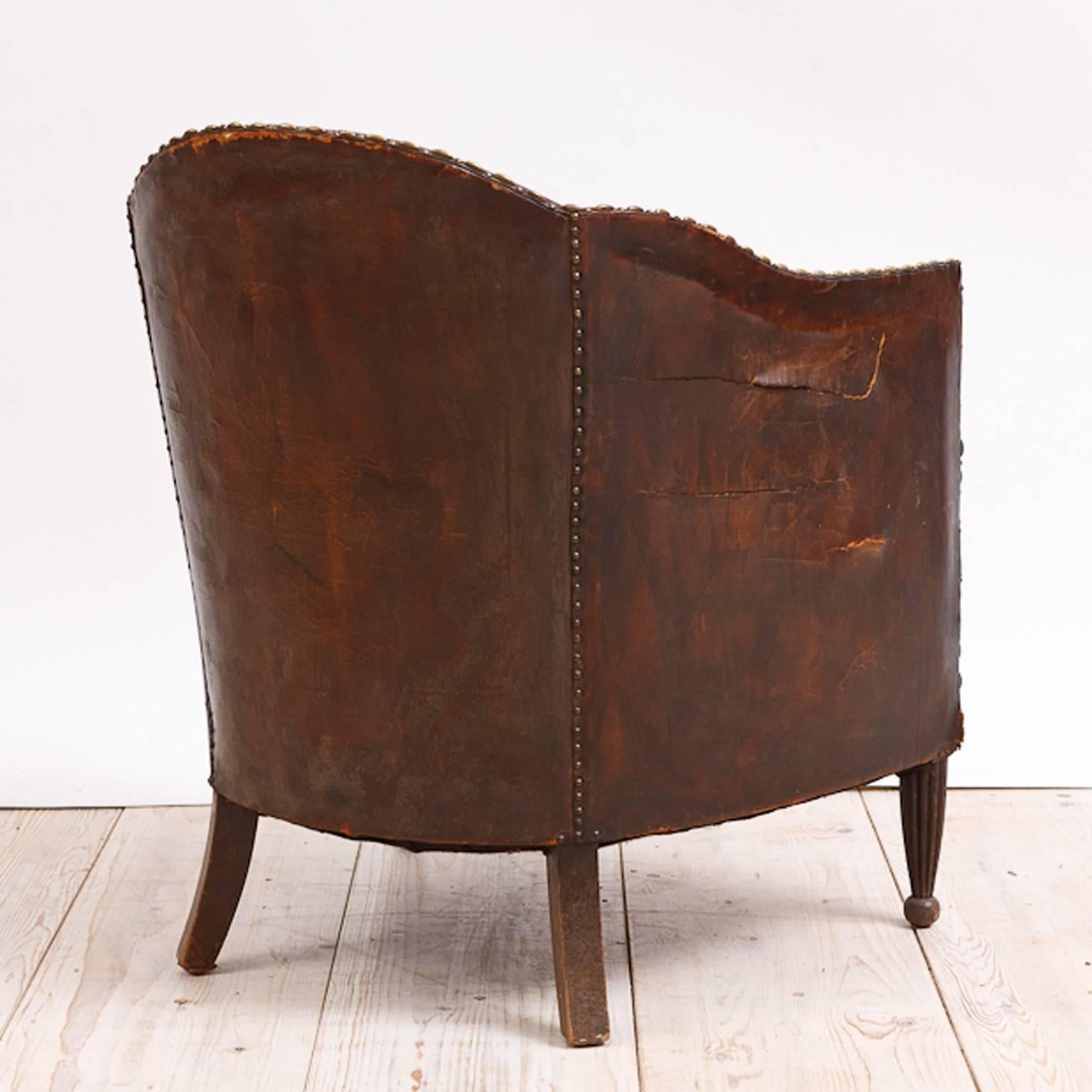 1920's French Art Deco Club Chair Upholstered in Original Leather In Distressed Condition In Miami, FL